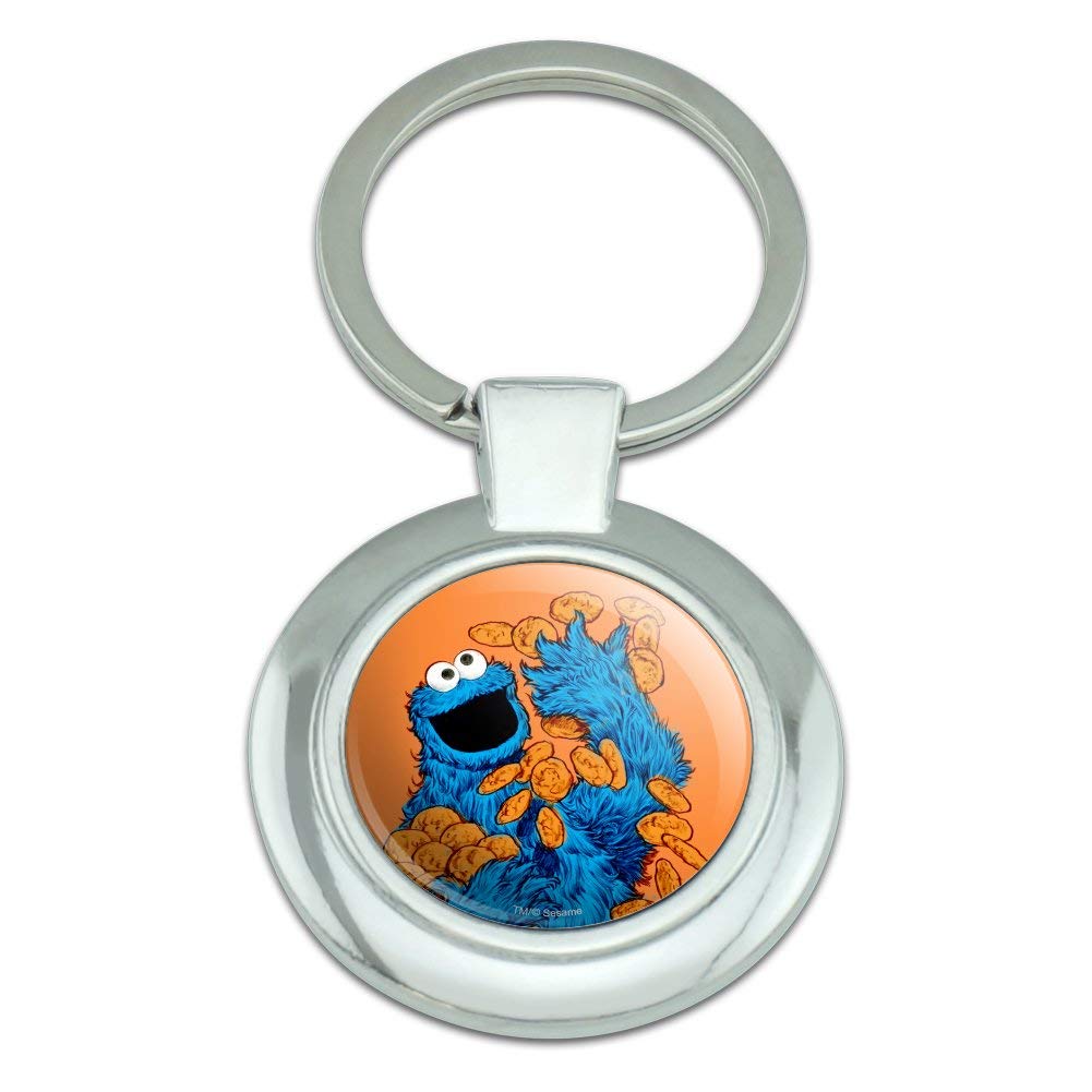 Vintage Sesame Street Cookie Monster Keychain - Round Chrome Plated Metal Collectible (Perfect for Backpacks, Gifts & Cookie Lovers)