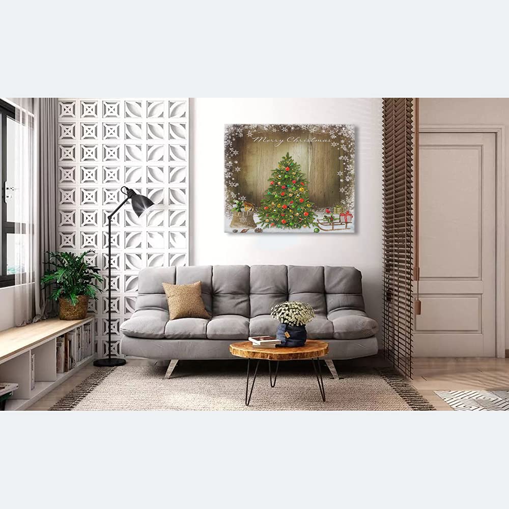 WONDERTIFY Christmas Tree Wood Canvas Wall Art - Hand-Painted Snowflake Decor for Home, Office, Living Room & Bedroom - 20x24 Inch Brown Framed Holiday Artwork - Perfect for Festive Season Decorating & Winter Home Accents
