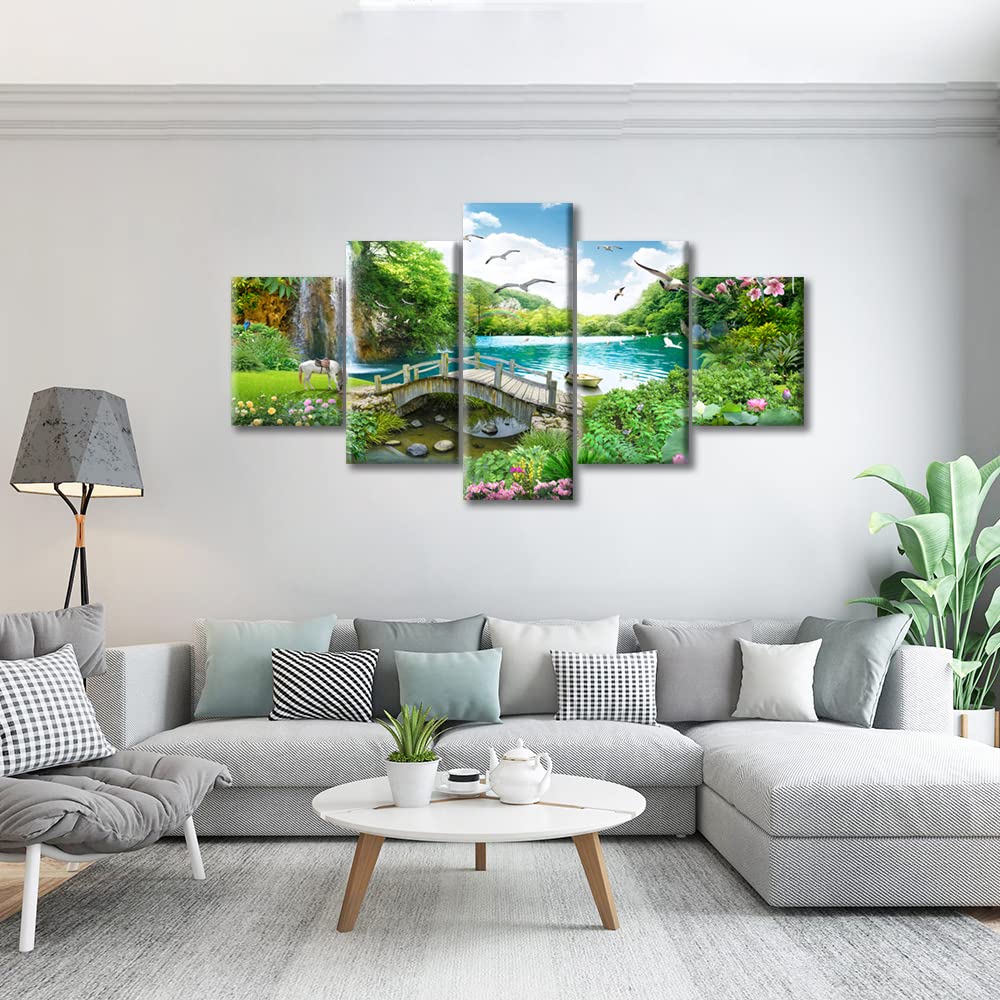 5-Piece Waterfall Lake Canvas Wall Art Set - White Horse, Wood Bridge & Birds Landscape Paintings for Bedroom, Bathroom & Office Decor - Framed Ready to Hang Posters & Prints (60