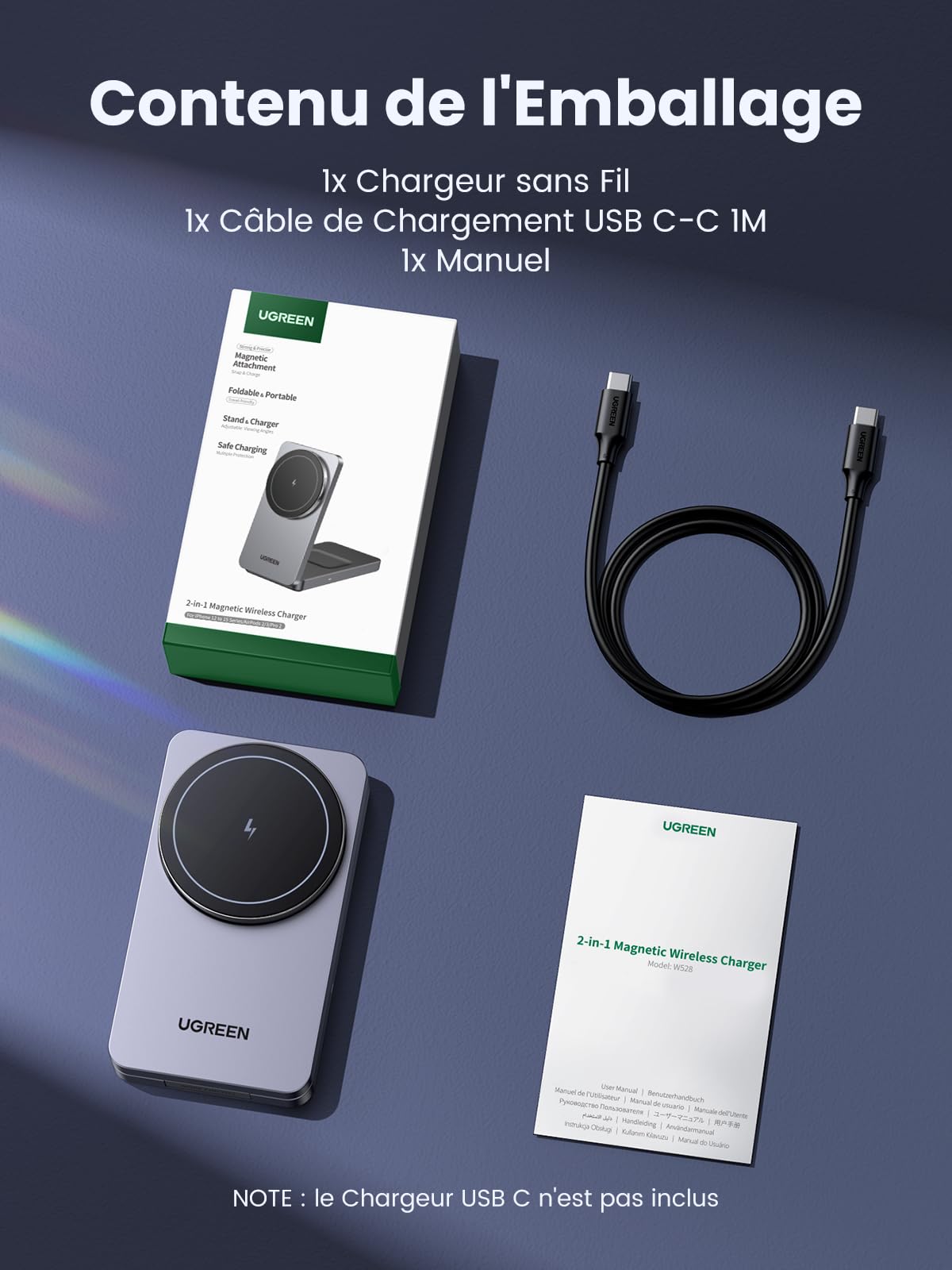UGREEN MagFlow 15W Magnetic Wireless Charger Stand - Qi Certified 2-in-1 Foldable Charging Station for iPhone 16/15/14/13/12 Pro Max/Plus & AirPods 3/2/Pro | Adjustable Angle for Bedside, Office & Car Use