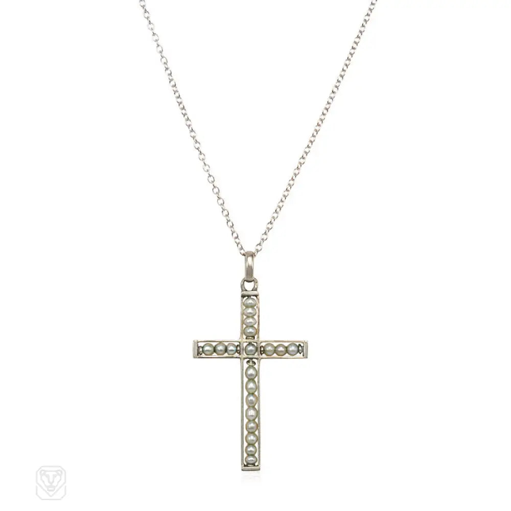 Vintage Art Deco Pearl Cross Pendant Necklace from France - Perfect for Weddings, Parties & Elegant Occasions