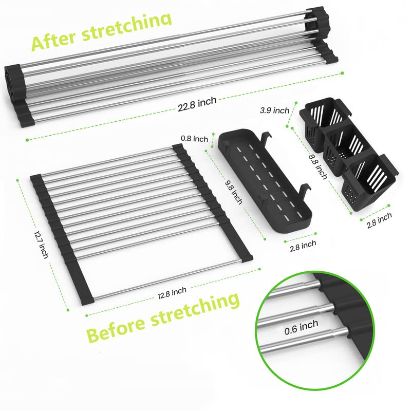 BBXTYLY Expandable Roll Up Dish Drying Rack - 22.8 Inch Over The Sink Kitchen Drainer with 2 Storage Baskets | Foldable & Rollable Design for Dishes, Cups, Utensils | Perfect for Small Kitchens, Apartments & RV Use