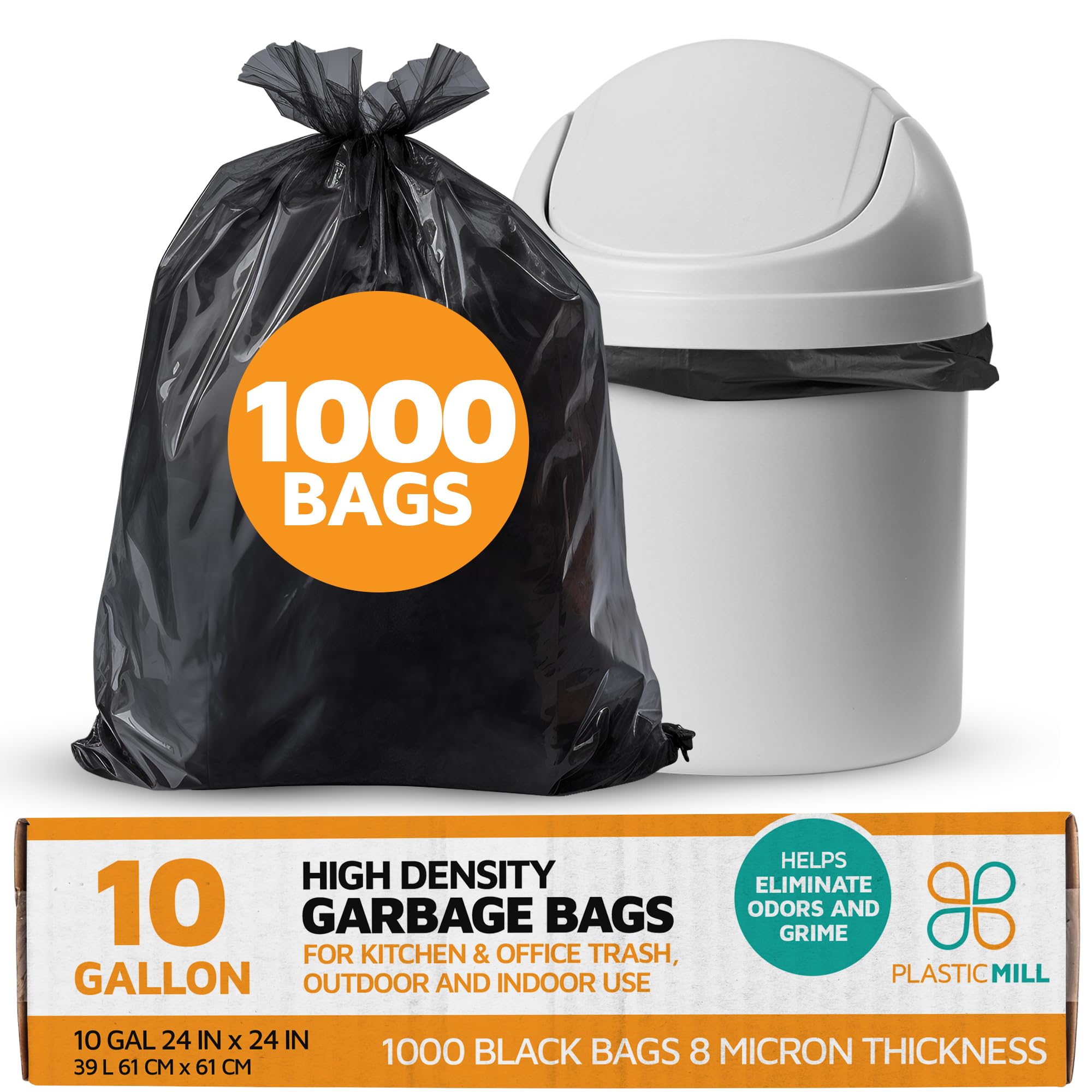 PlasticMill Heavy Duty Trash Bags - 8 Micron Thick Black Garbage Bags - 7-10 Gallon Small Trash Can Liners (24