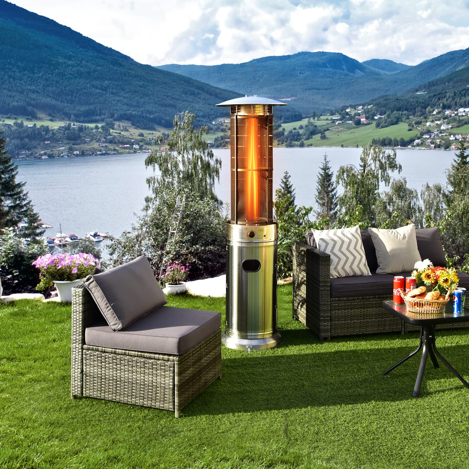 Tangkula 40,000 BTU Stainless Steel Outdoor Patio Heater with Wheels - CSA Certified Quartz Glass Tube Heater with Tip-over & Flameout Protection - Perfect for Backyard, Deck, Garden, and Outdoor Dining Areas