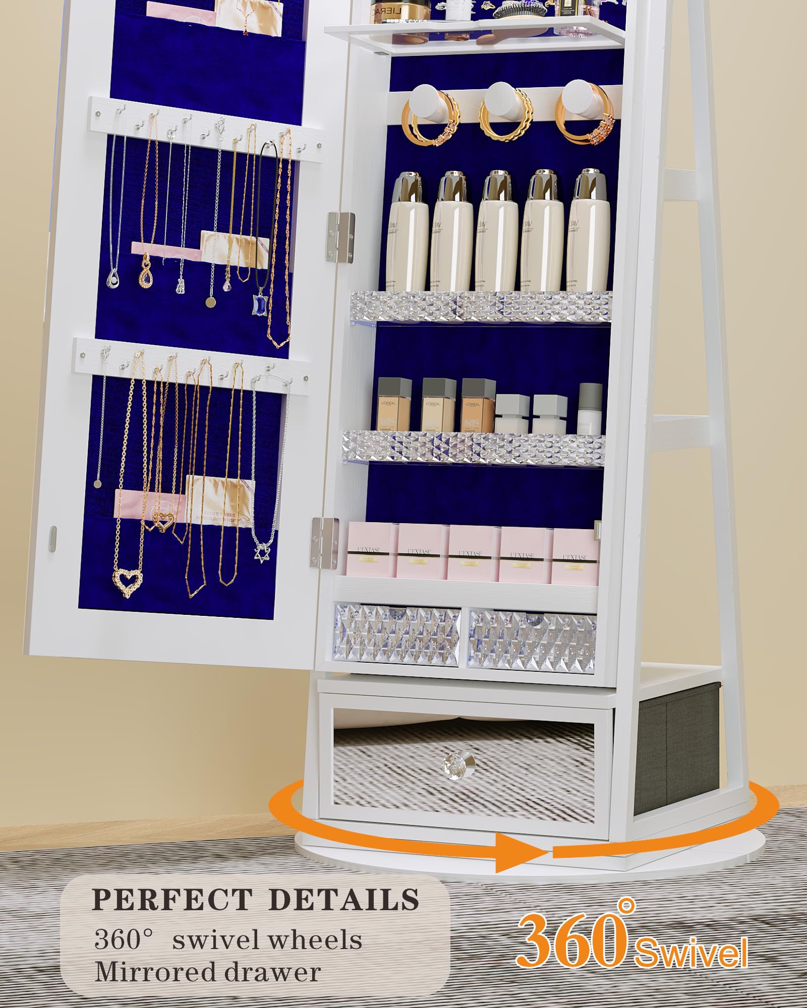 Full-Length Standing Mirror Jewelry Cabinet with LED Lights, Ample Storage & Rotating Shelf - White | Perfect for Bedroom, Dressing Room & Closet Organization