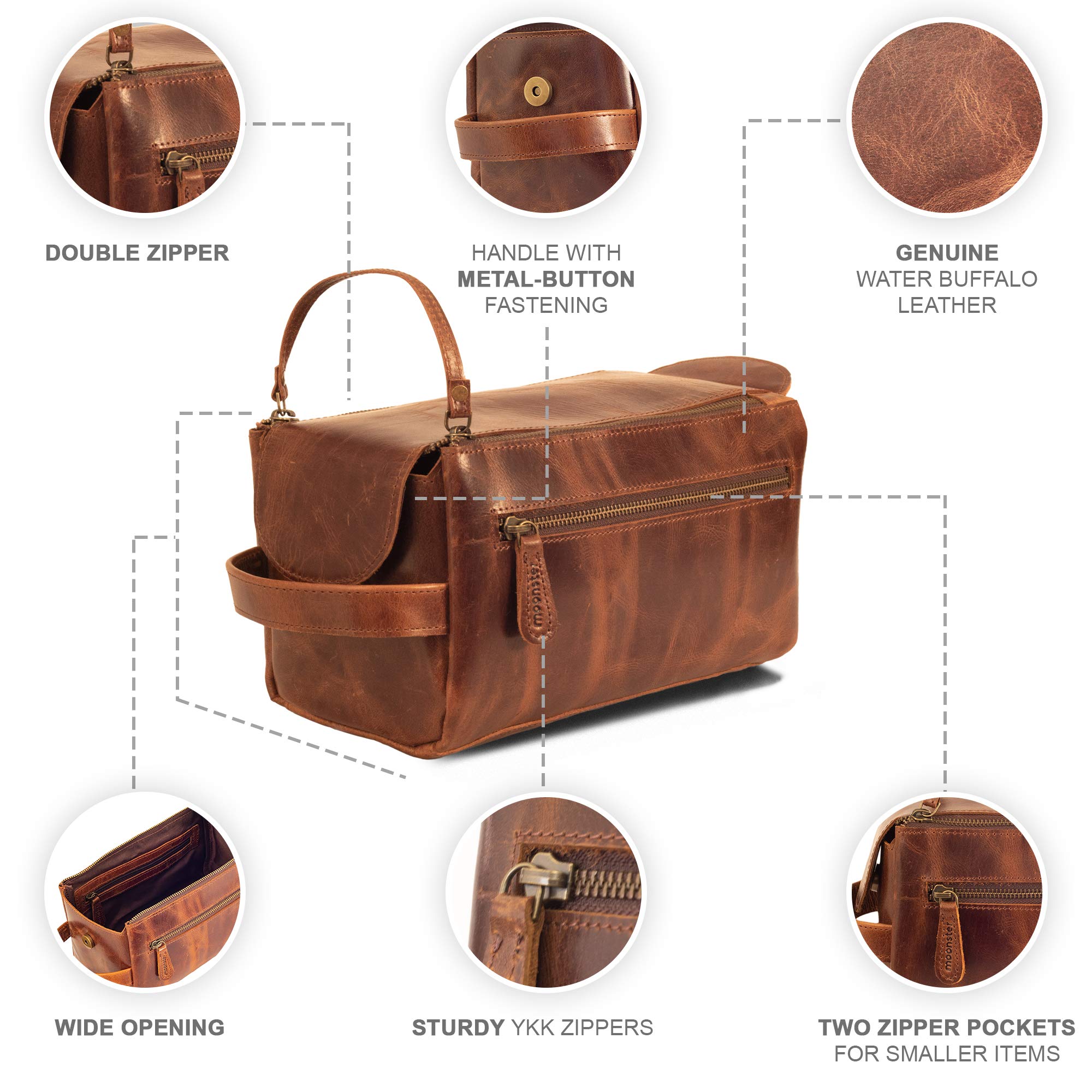 Premium Full Grain Buffalo Leather Travel Toiletry Bag for Men & Women - Large Durable Dopp Kit with Shaving Organizer - Waterproof Cosmetic & Toiletries Pouch for Business Trips, Gym, Camping & Vacation Essentials