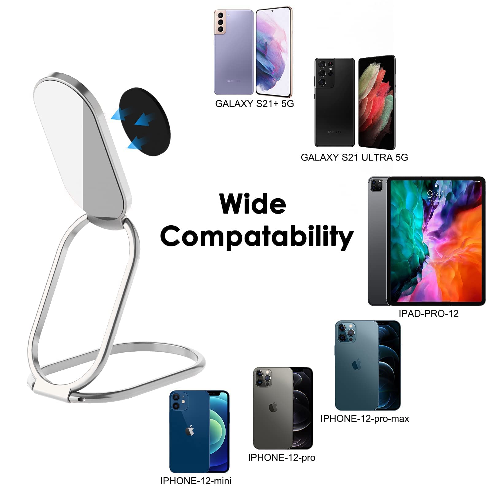 360° Rotating Magnetic Phone Ring Holder & Kickstand - Gun Black & Silver Metal Phone Grip for Hands-Free Viewing, Magnetic Car Mount, Foldable Stand - Perfect for Driving, Watching Videos, and Taking Selfies