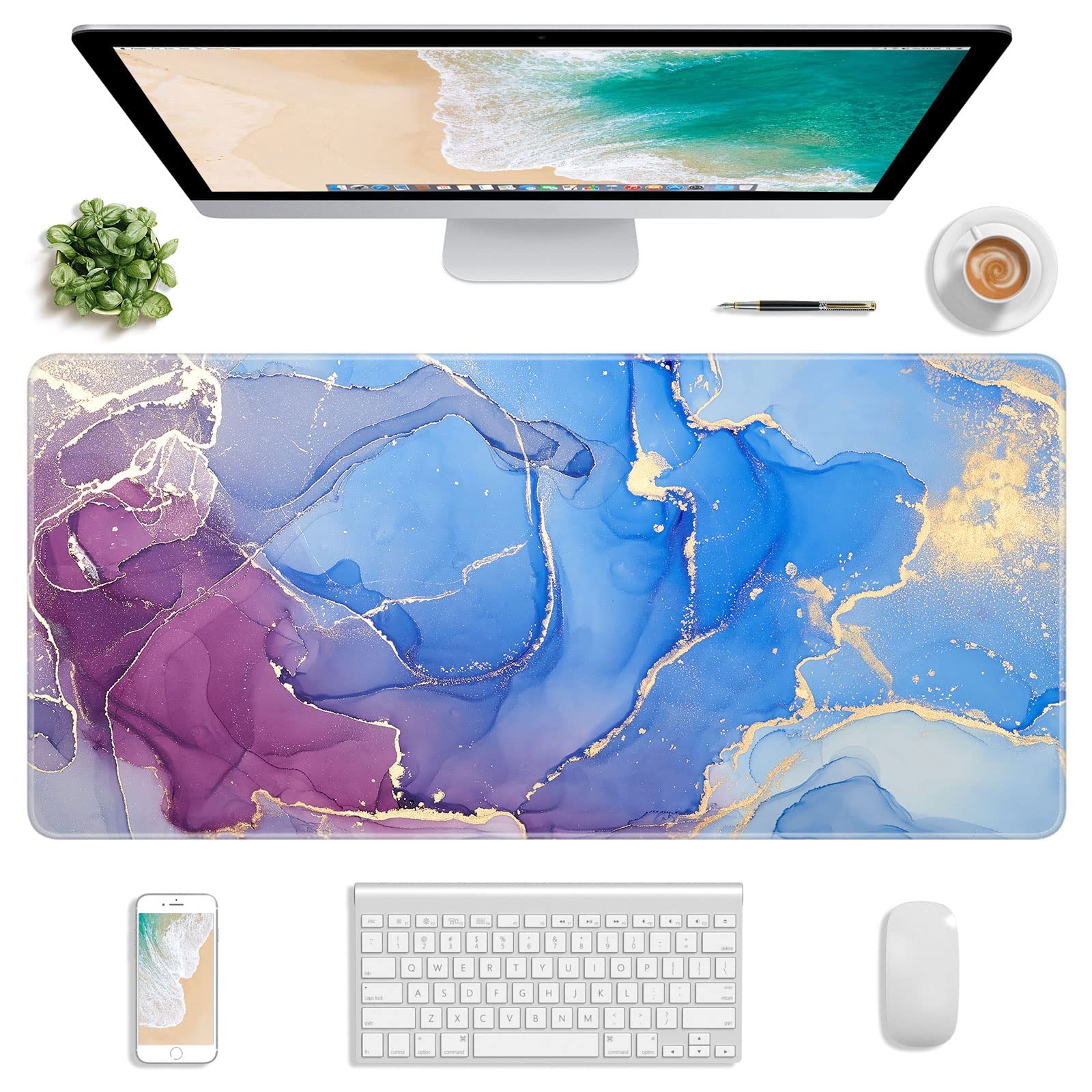 Atufsuat XXL Gaming Mouse Pad 30x14 Inch, Non-Slip Waterproof Desk Mat for Office & PC Gaming - Blue Purple Marble