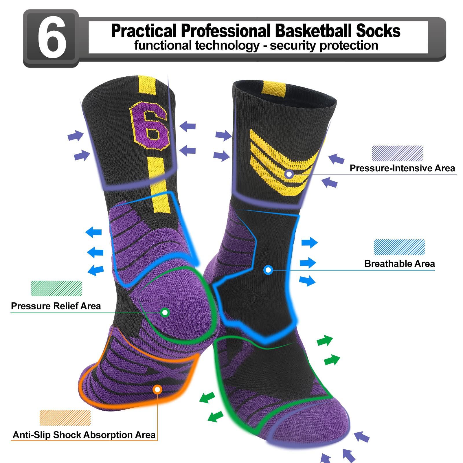 Basketball Socks for Men & Boys - 2 Pairs Team Sports Socks for Game & Training