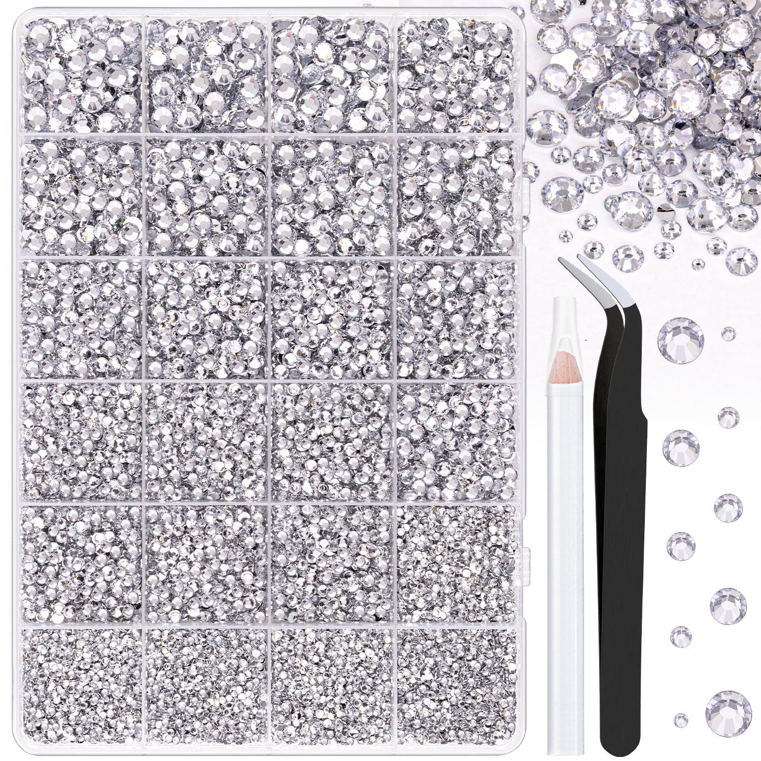 25,000Pcs Silver Clear Resin Rhinestones Flatback Gems 2-6mm Mixed Sizes with Tweezers for DIY Crafts, Clothing, Shoes, Fabric Decor, Nail Art - Perfect for Bedazzling Tumblers, Mugs, Home Decor and Party Accessories