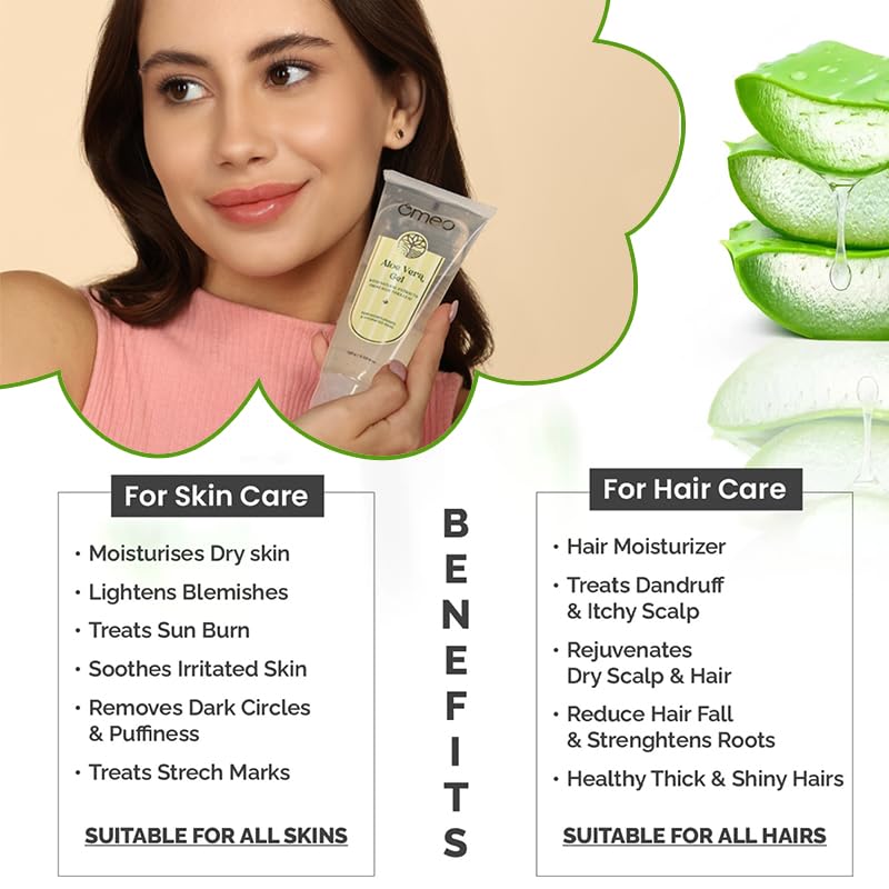 Omeo 100% Organic Aloe Vera Gel for Face & Hair - 100gm | Hydrating, Soothing & Non-Sticky | Reduces Pimples & Acne | Perfect for Sunburn Relief, Daily Skincare & Hair Conditioning