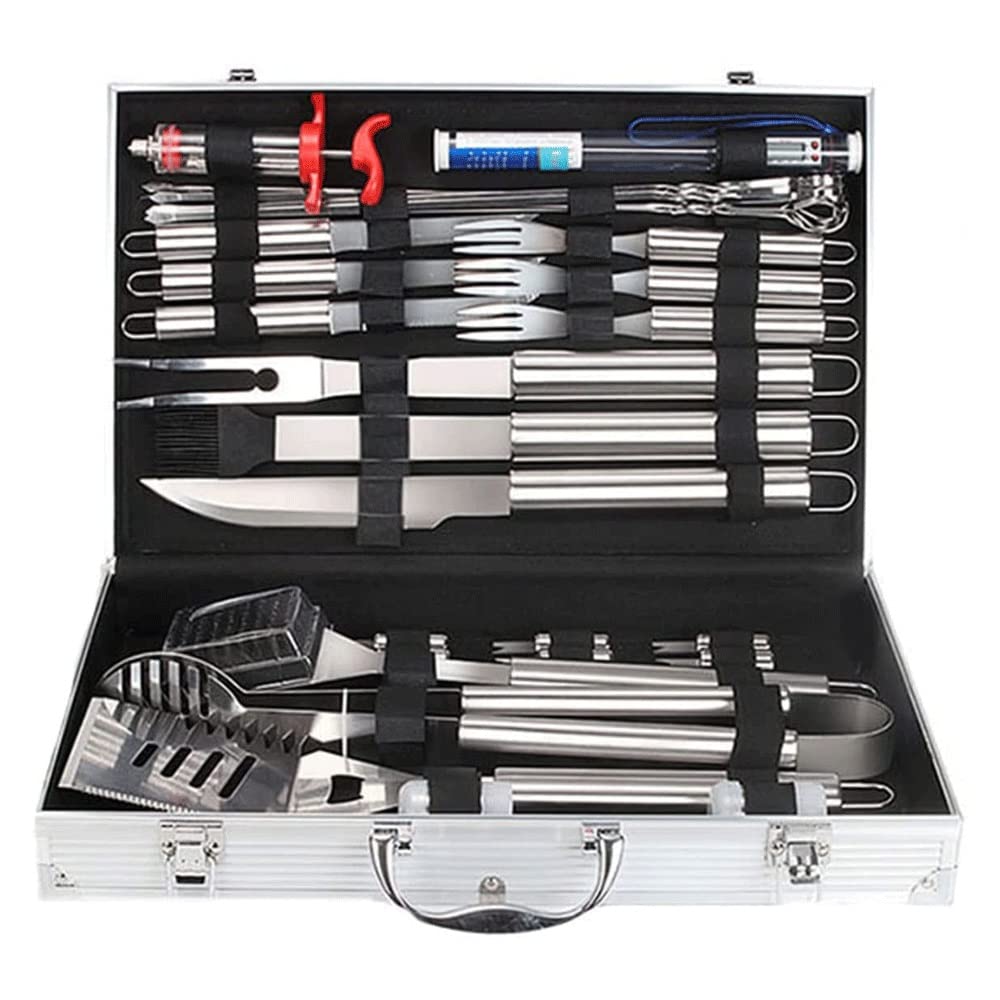 32-Piece Stainless Steel BBQ Grill Accessories Set with Aluminum Case & Thermometer - Professional Grilling Tools for Camping, Backyard, Tailgating - Includes Grill Mats & Utensils for Men & Women