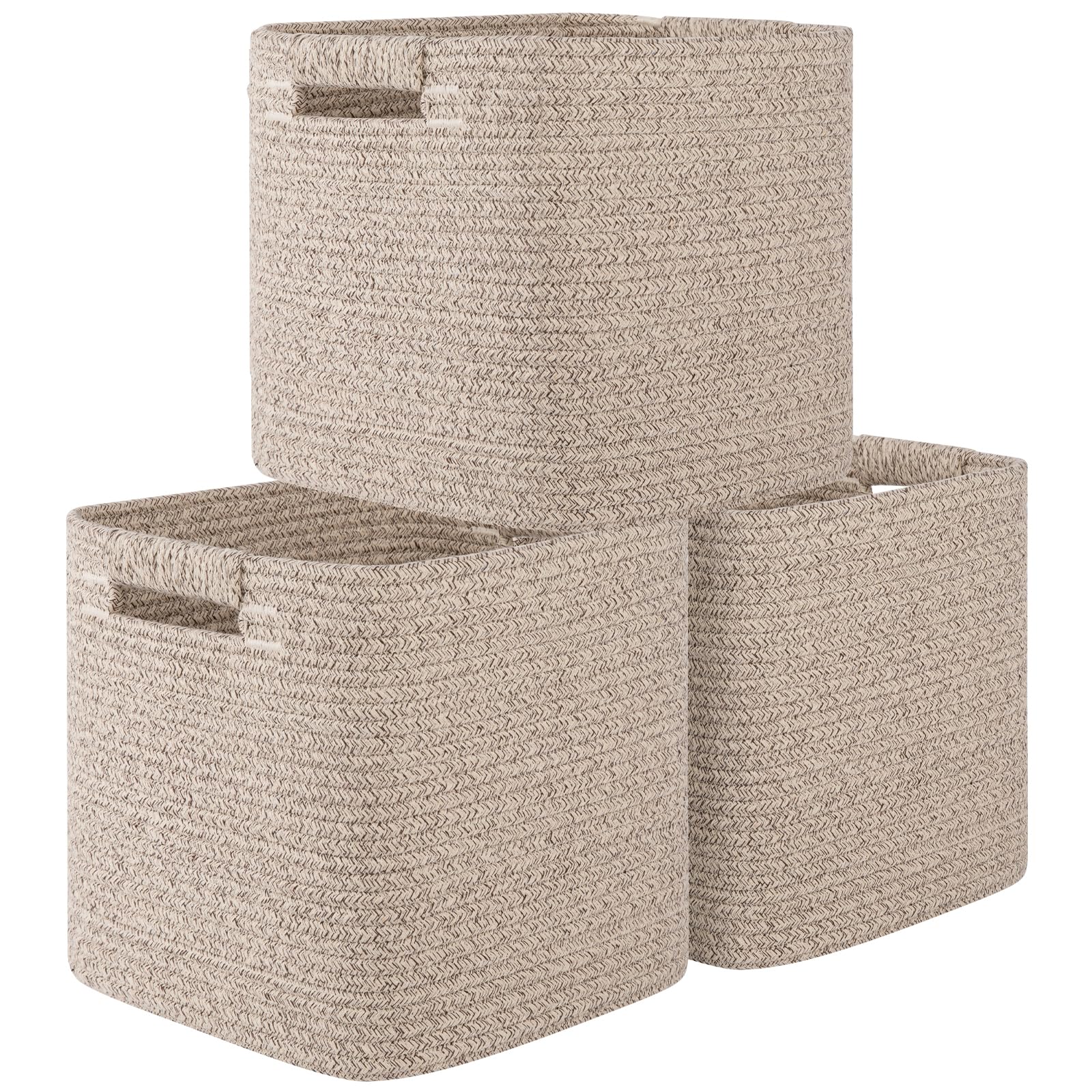 OIAHOMY 11 Inch Storage Cubes - 3 Pack Cotton Rope Woven Baskets, Square Organizer Bins for Shelves, Closet, Classroom, Nursery & Kids Toys - Perfect for Home Organization & Baby Room Storage (Brown)
