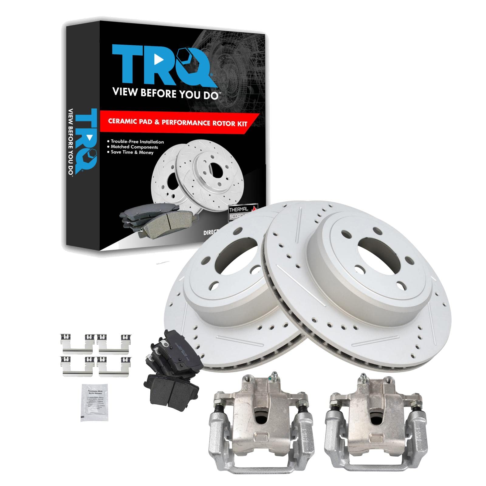 TRQ Rear Brake Calipers with Ceramic Pads & Drilled Rotors - Compatible with Dodge Challenger & Charger - High Performance Braking for Street Racing & Daily Driving