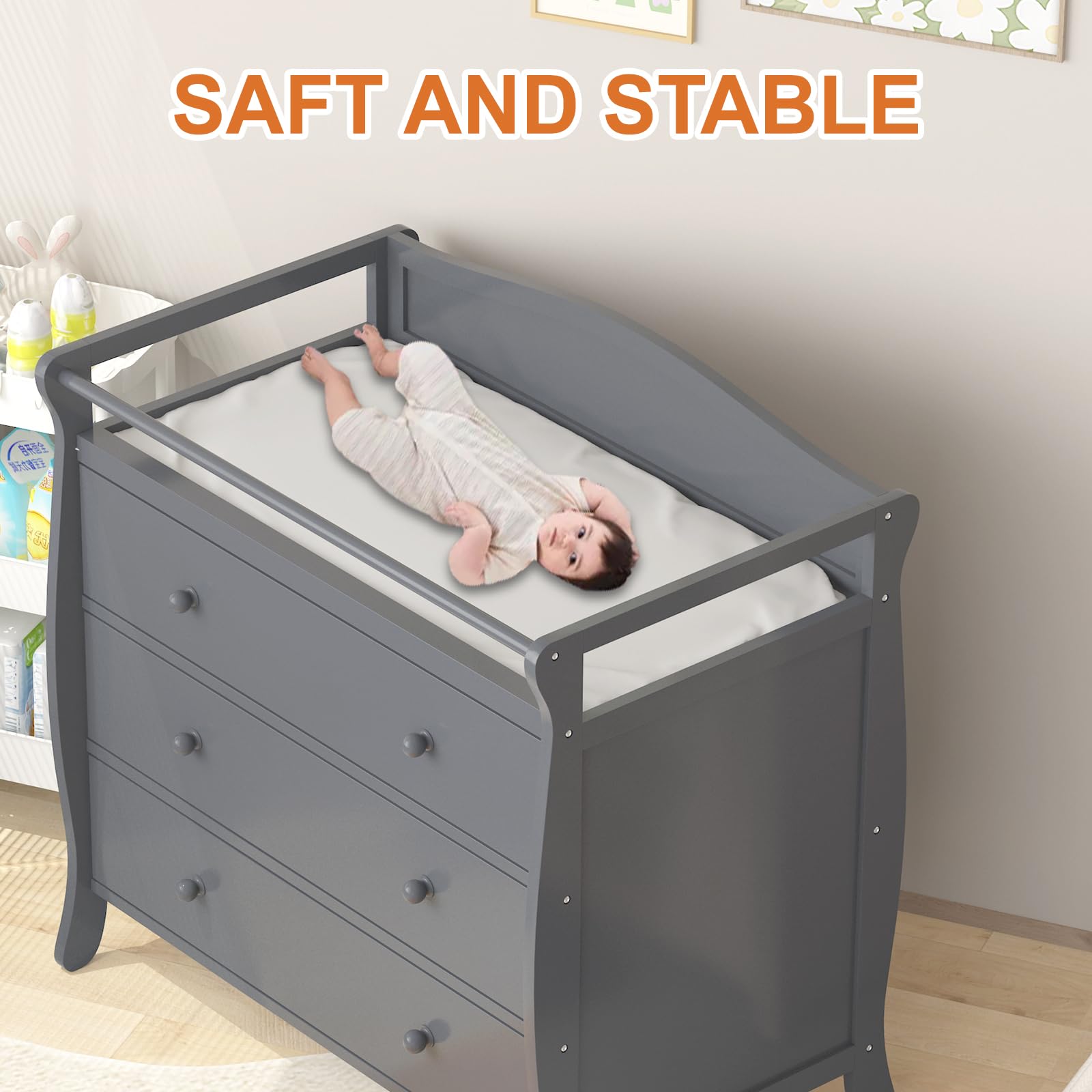 GARVEE 3-Drawer Baby Changing Table with Safety Rails & Strap - Nursery Dresser with Changing Top, Wooden Diaper Station for Infant Care | Perfect for Nursery Organization & Baby Room Decor