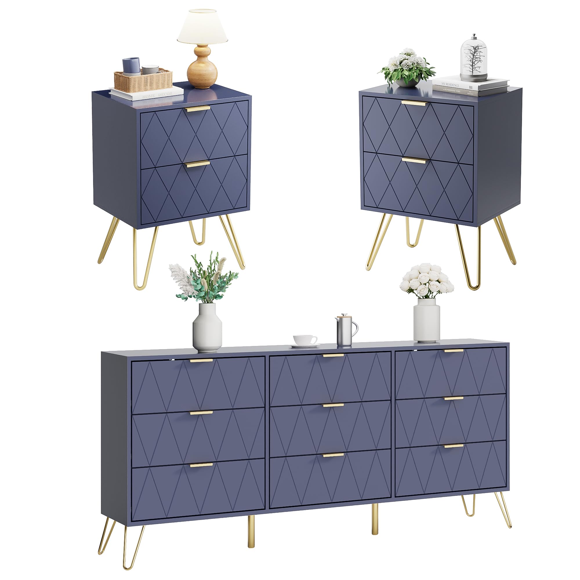 Anbuy 3-Piece Navy Blue Bedroom Furniture Set - 9-Drawer Dresser & 2 Nightstands with 2 Drawers Each, Solid Wood Bedroom Storage for Master Bedroom, Guest Room or Dorm Organization