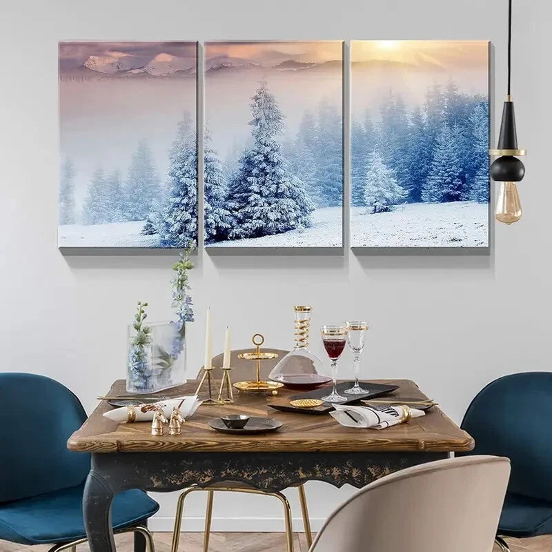 3-Piece Snow Covered Mountains & Trees Lake Metal Wall Art Prints - Ready to Hang Landscape Decor for Living Room, Bedroom & Office
