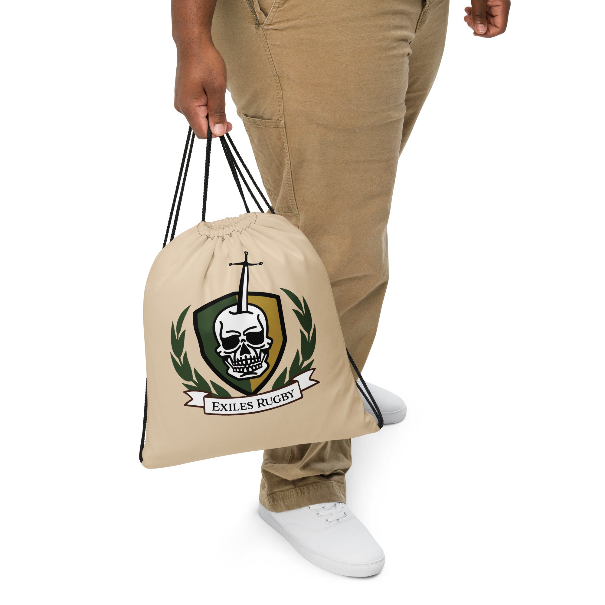 Exiles RFC Drawstring Backpack - Lightweight & Durable Sports Duffel Bag for Gym, Travel & Outdoor Activities (Tan)