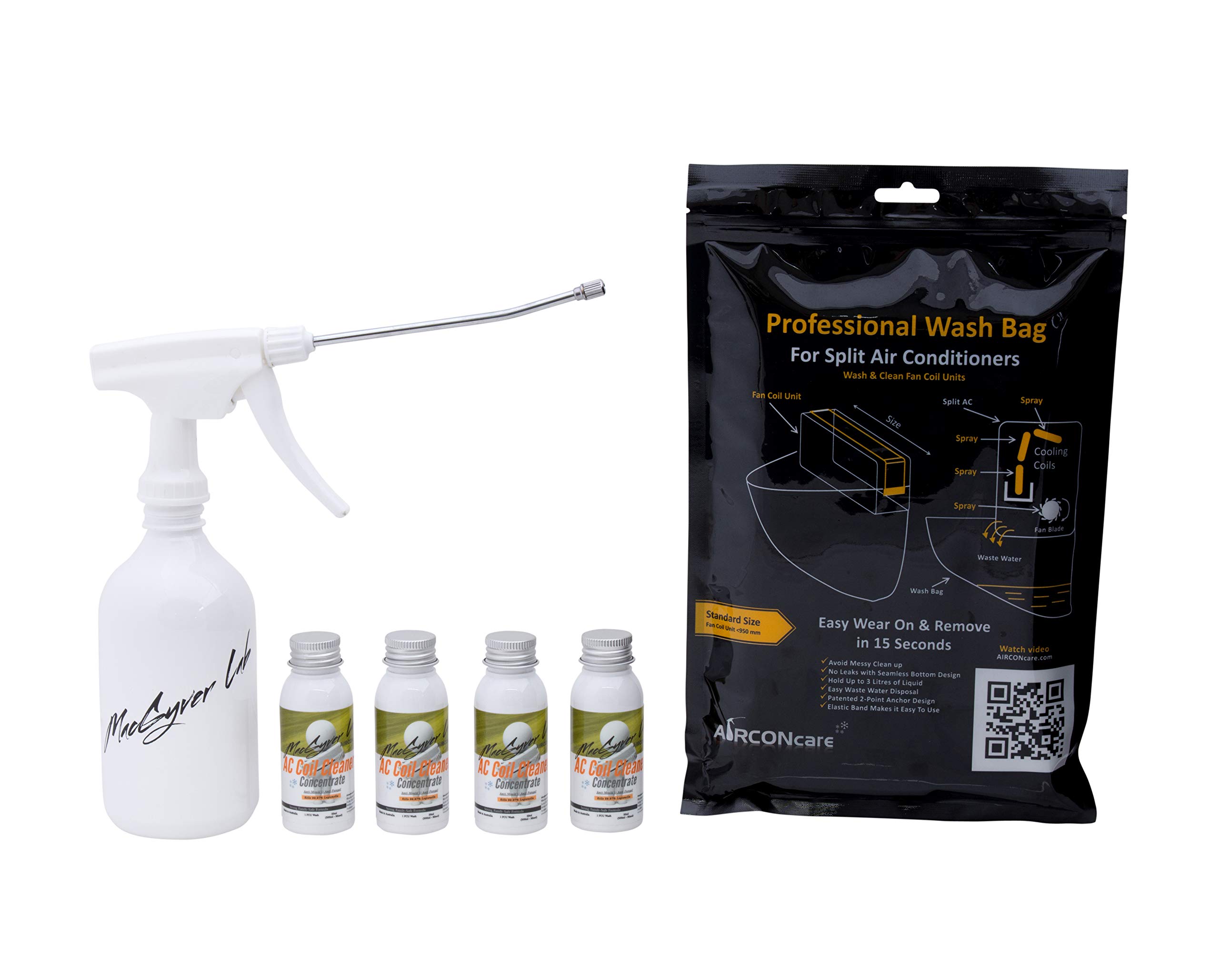 AIRCONcare Organic Air Conditioner Cleaning Kit - 4 Pack Concentrated Formula for Split & Ductless AC Units | Safe, Eco-Friendly HVAC Maintenance | Perfect for Home, Office & RV Use