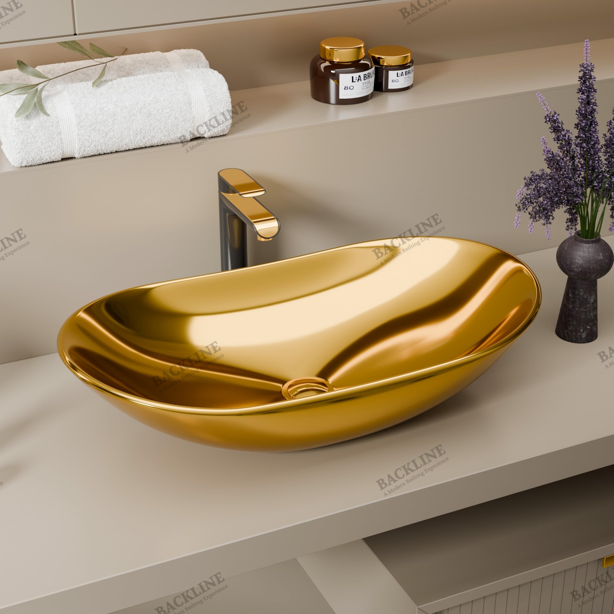 Premium Ceramic Countertop Wash Basin - 22 x 13 x 5 Inch Gold Glossy Bathroom Sink for Vanity, Powder Room & Living Room Decor - Modern Tabletop Vessel Sink for Bathroom Remodel & Luxury Home Upgrade