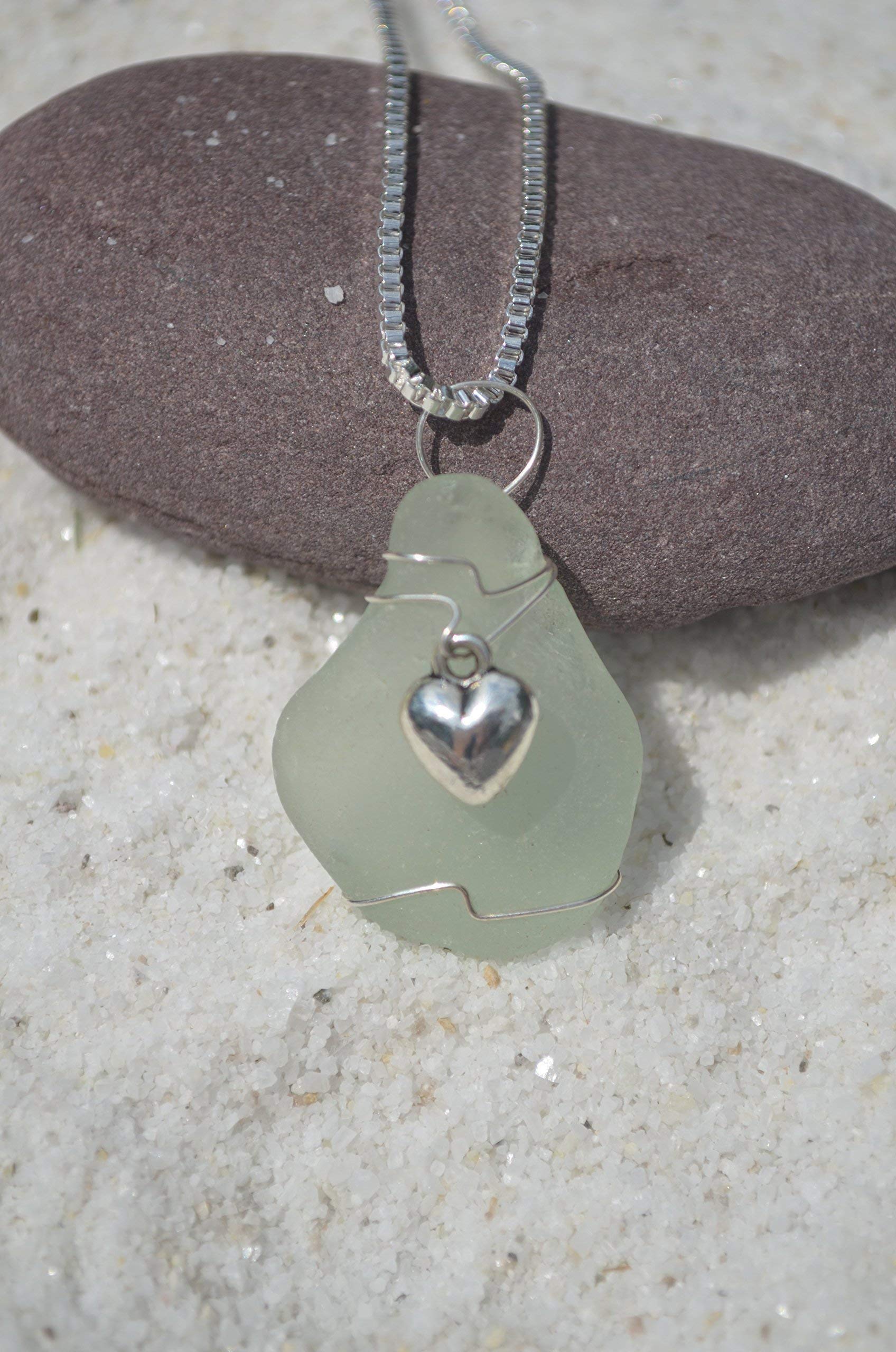 Authentic Aqua Sea Glass Necklace with Sterling Silver Heart Charm – Perfect for Beach Weddings, Boho Fashion & Gift Giving
