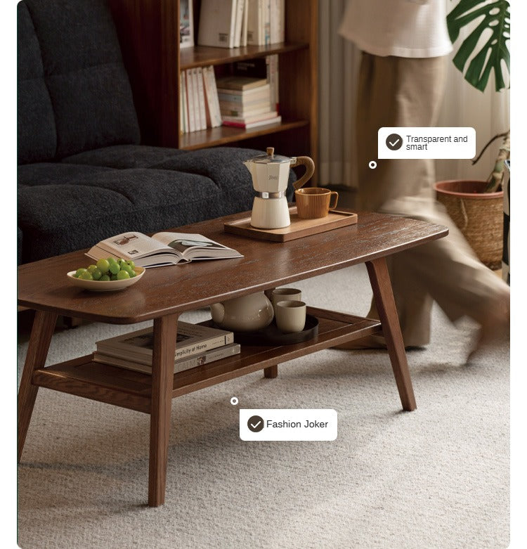 Solid Oak Wood Walnut Finish Double Layer Coffee Table - Modern Living Room Furniture for Home Decor & Small Space