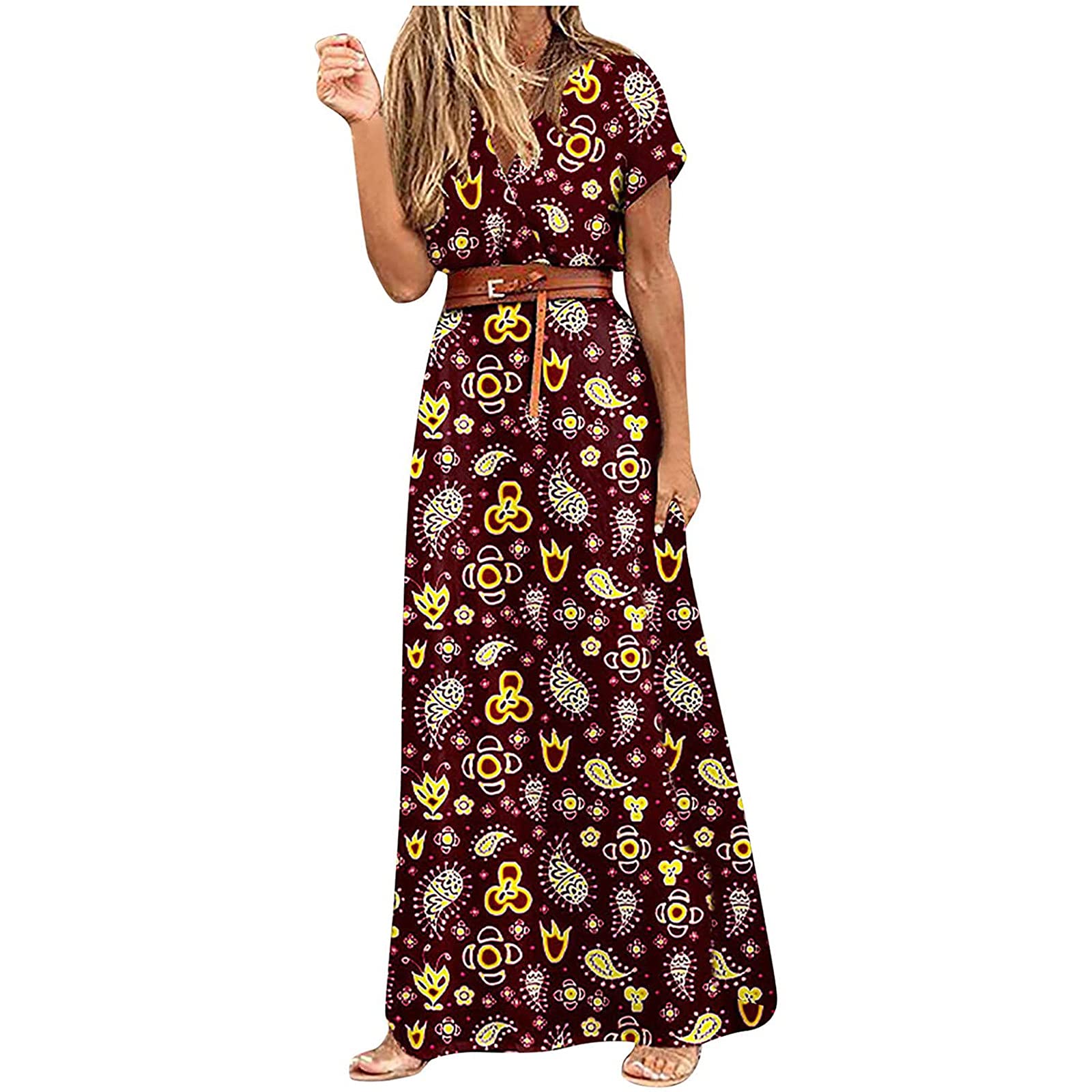 Peigen Women's Summer Dresses - Boho Elegant V-Neck Short Sleeve Maxi Dress for Casual, Holiday & Beach Wear | Flowy Long Shirt Dress for Women