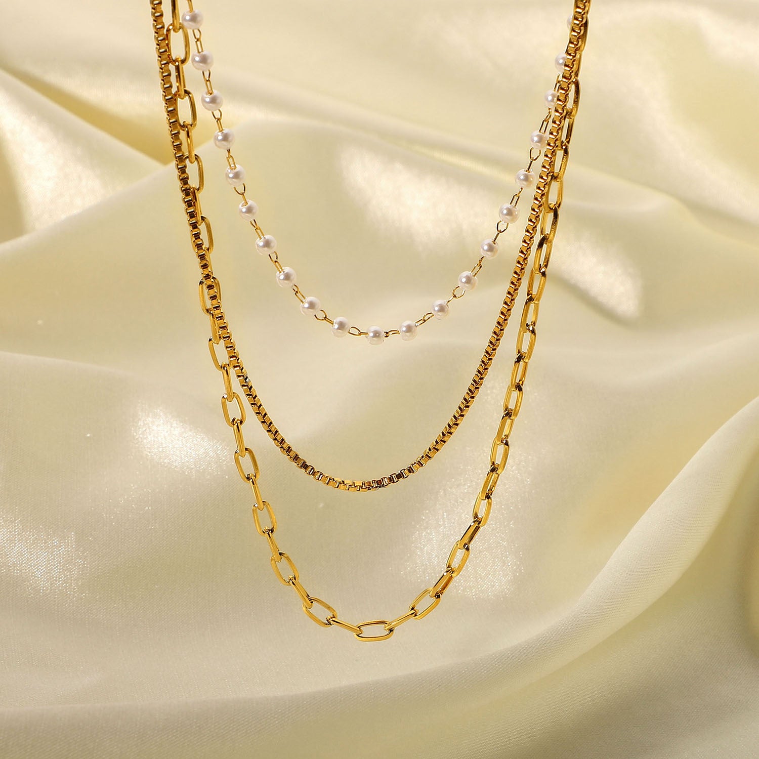 18K Gold Multi Layer Box Chain Necklace with Pearl Beads - Elegant Layered Jewelry for Women | Perfect for Weddings, Parties & Special Occasions | JDN20667