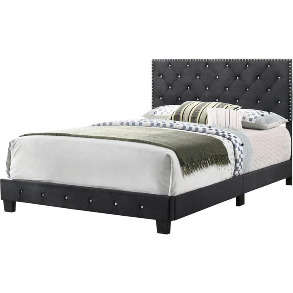 Glory Furniture Suffolk Velvet Upholstered Queen Bed Frame in Black - Luxurious Bedroom Furniture for Modern Home Decor