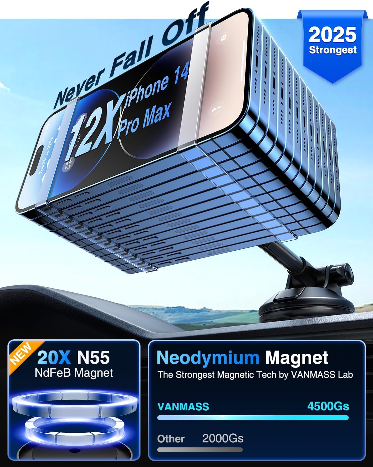 VANMASS Ultra Strong Magnetic Car Phone Holder Mount - 2025 Upgraded MagSafe Compatible for iPhone 16/15/14/13/12/11 & Android Phones - Dashboard, Windshield & Vent Car Mount - Perfect for Driving, Navigation & Hands-Free Calls