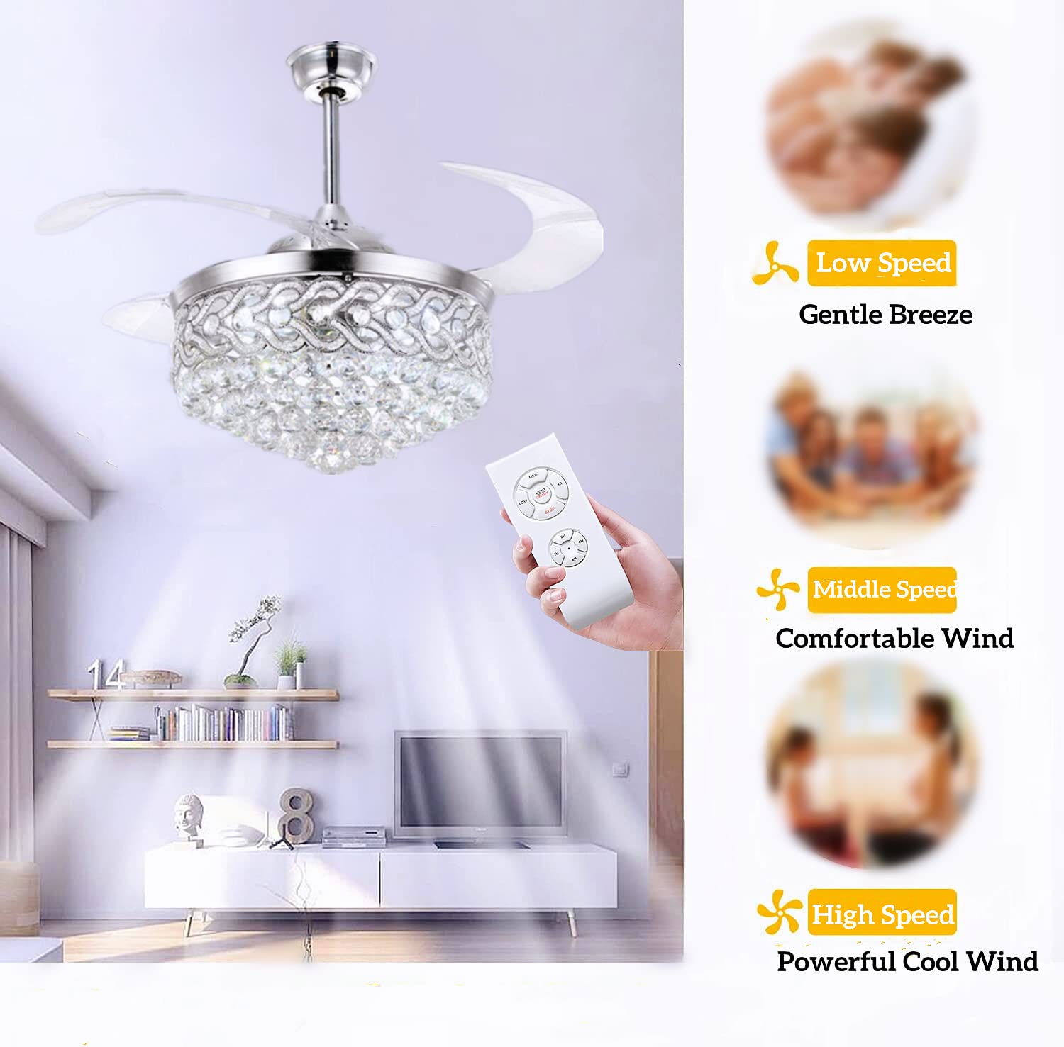 RuiWing 42 Inch Modern Crystal Ceiling Fan with LED Lights - Retractable Remote Control Fandelier, 3 Speed Settings & 3 Color Temperatures, Ultra Quiet Chandelier Lighting Fixture for Living Room, Bedroom, Dining Room, Restaurant & Office Spaces