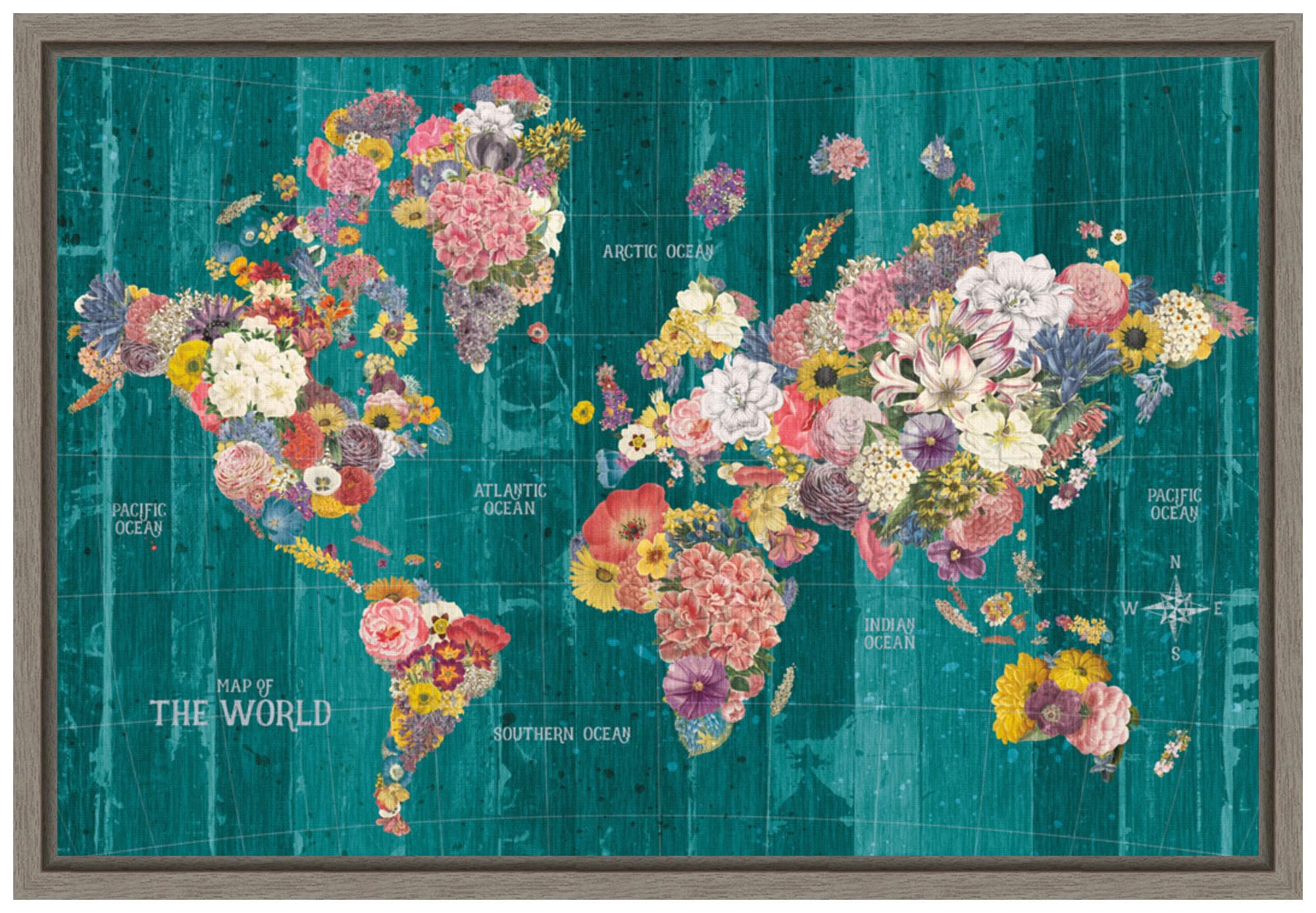 Amanti Art Framed Canvas Wall Art Print - 23x16 Inches Botanical Floral Map Design in Aqua by Wild Apple | Float Framed Canvas Painting for Living Room, Bedroom, Bathroom, Kitchen & Office Decor | Perfect for Home & Office Wall Decoration
