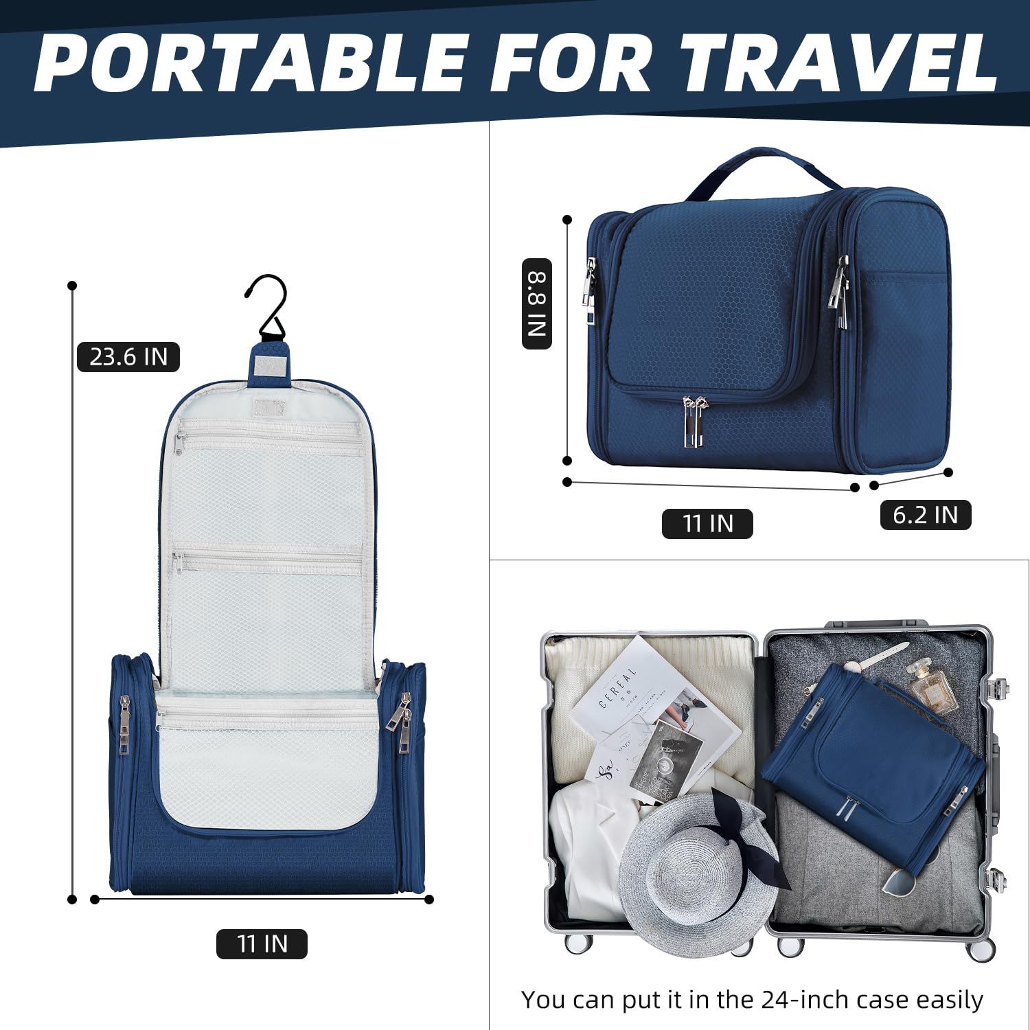 Buruis Large Hanging Toiletry Bag for Women & Men - Waterproof Travel Cosmetic Organizer with Multiple Pockets for Makeup, Shaving Essentials & Full-Sized Toiletries (Blue) - Perfect for Air Travel, Camping & Gym Use