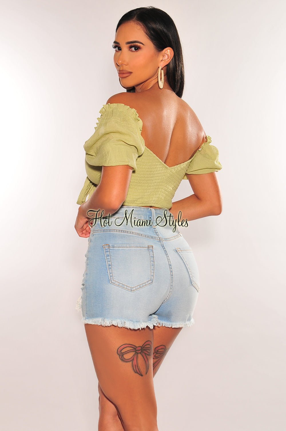 Apple Green Linen Puffed Sleeve Tie Up Smocked Crop Top for Women - Summer Boho Chic Blouse for Casual Outings & Beach Vacations