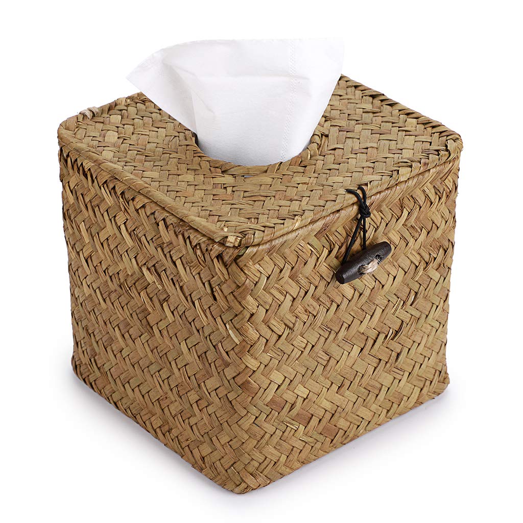 Sumnacon Square Seagrass Tissue Box Cover with Lid - Woven Rustic Cube Tissue Holder for Bathroom, Bedroom, Living Room, Kitchen, Office & Car - Perfect for Home Decor and Gift Giving (Yellow)