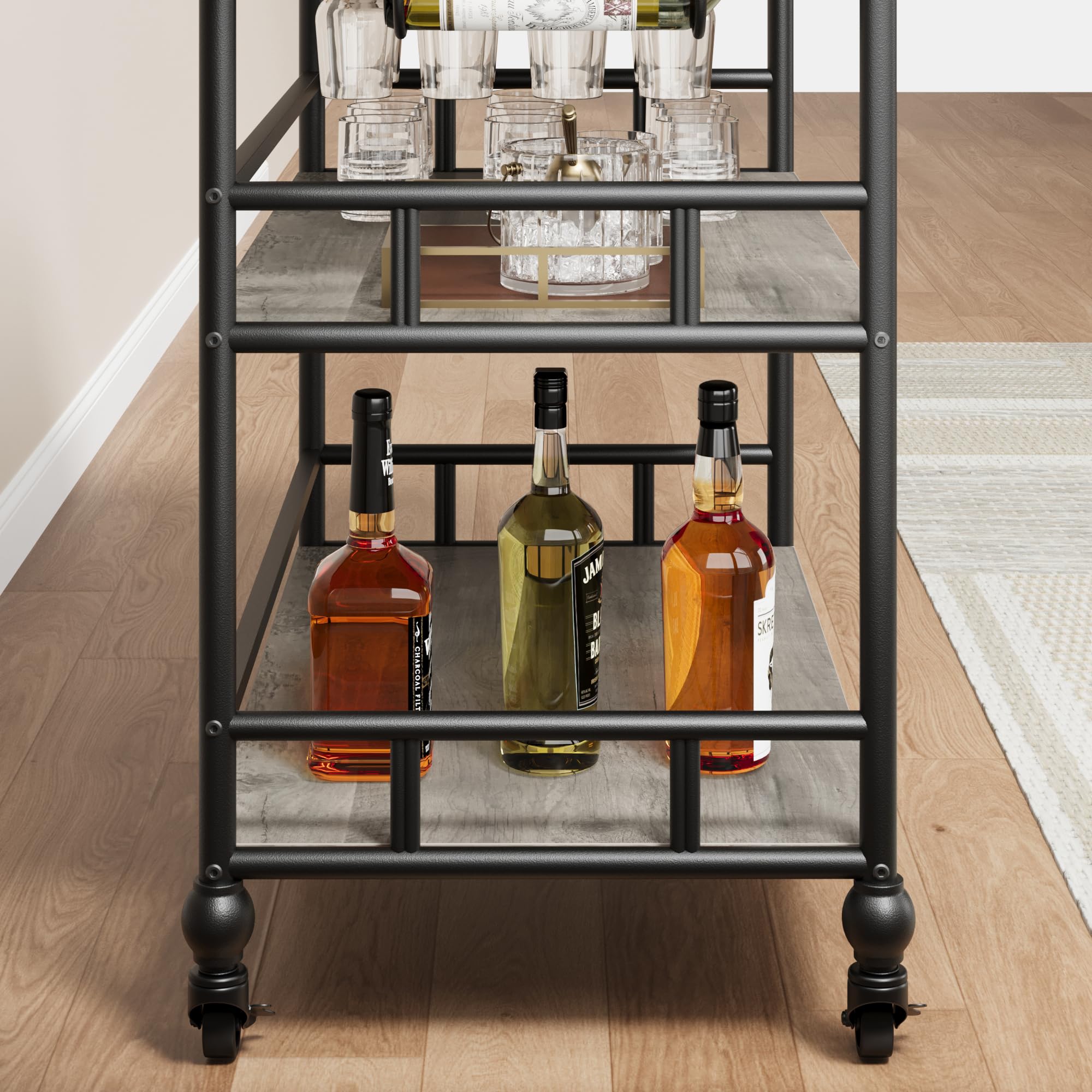 GARVEE 3-Tier Rolling Bar Cart with Wheels - Wine Rack & Glass Holder - Mobile Kitchen, Living Room, Dining Room Furniture - Grey - Perfect for Home Entertaining & Small Space Storage
