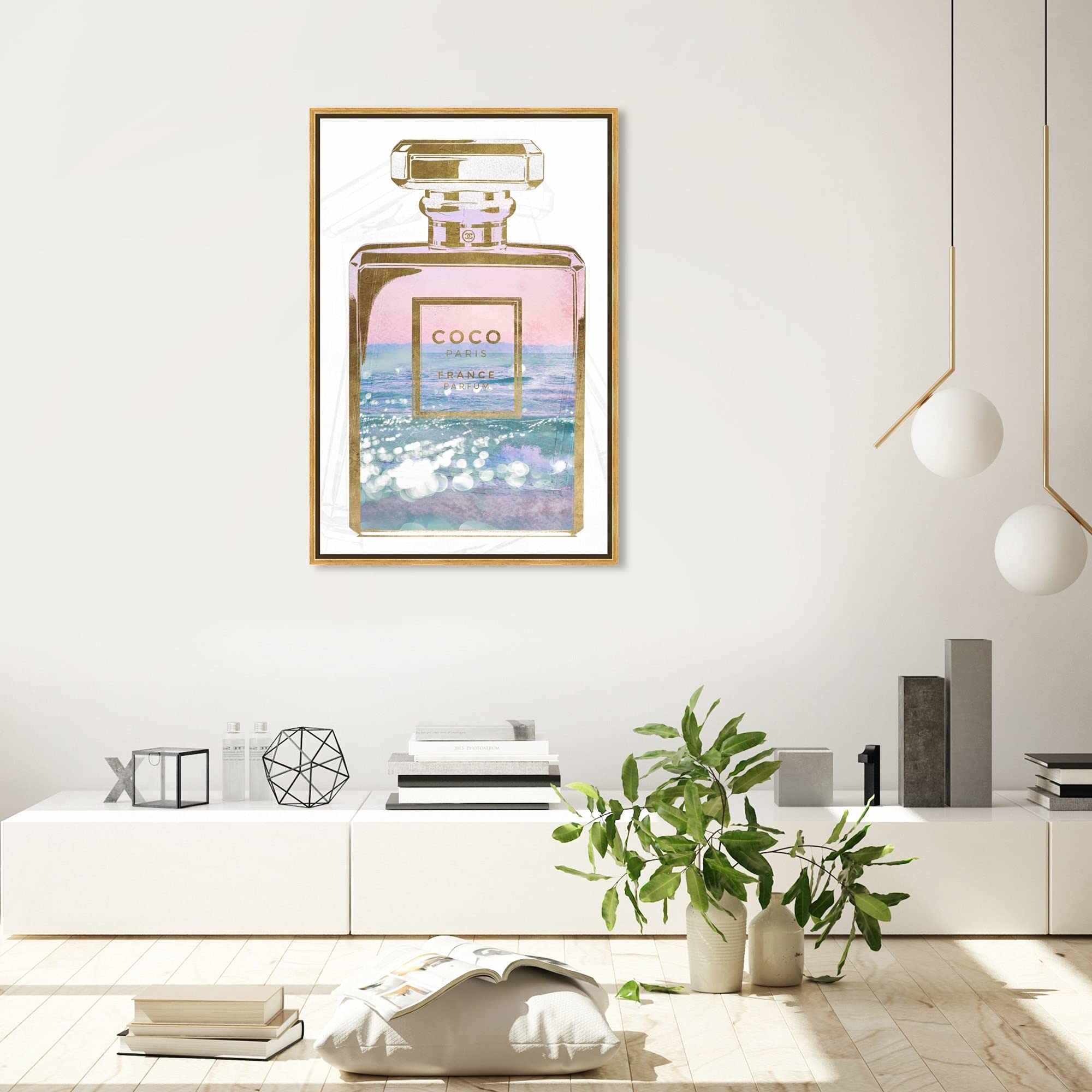 Oliver Gal Fashion & Glam Wall Art - Blush Ocean Spray Perfume Framed Canvas Print, 24x36 Inch Gold Floater Frame, Elegant Home Decor for Living Room, Bedroom & Office