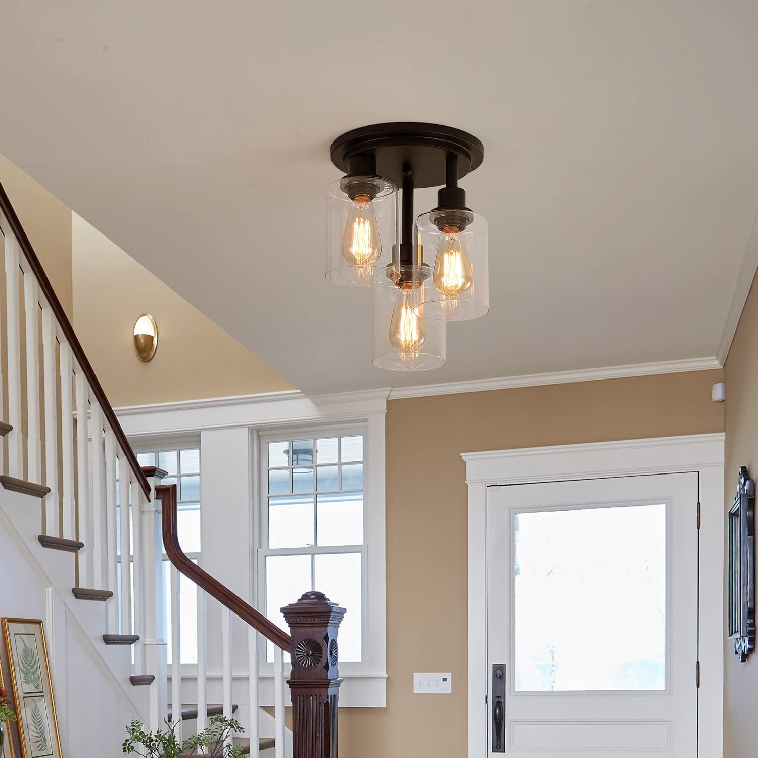 3WWWUEE 3-Light Semi Flush Mount Ceiling Fixture - Clear Glass Shade with Matte Black Finish - Farmhouse Industrial Rustic Lighting for Hallway, Kitchen Island, Entryway & Bedroom - E26 Socket - 11.2 Inch - Perfect for Dining Rooms, Living Rooms and Home Decor