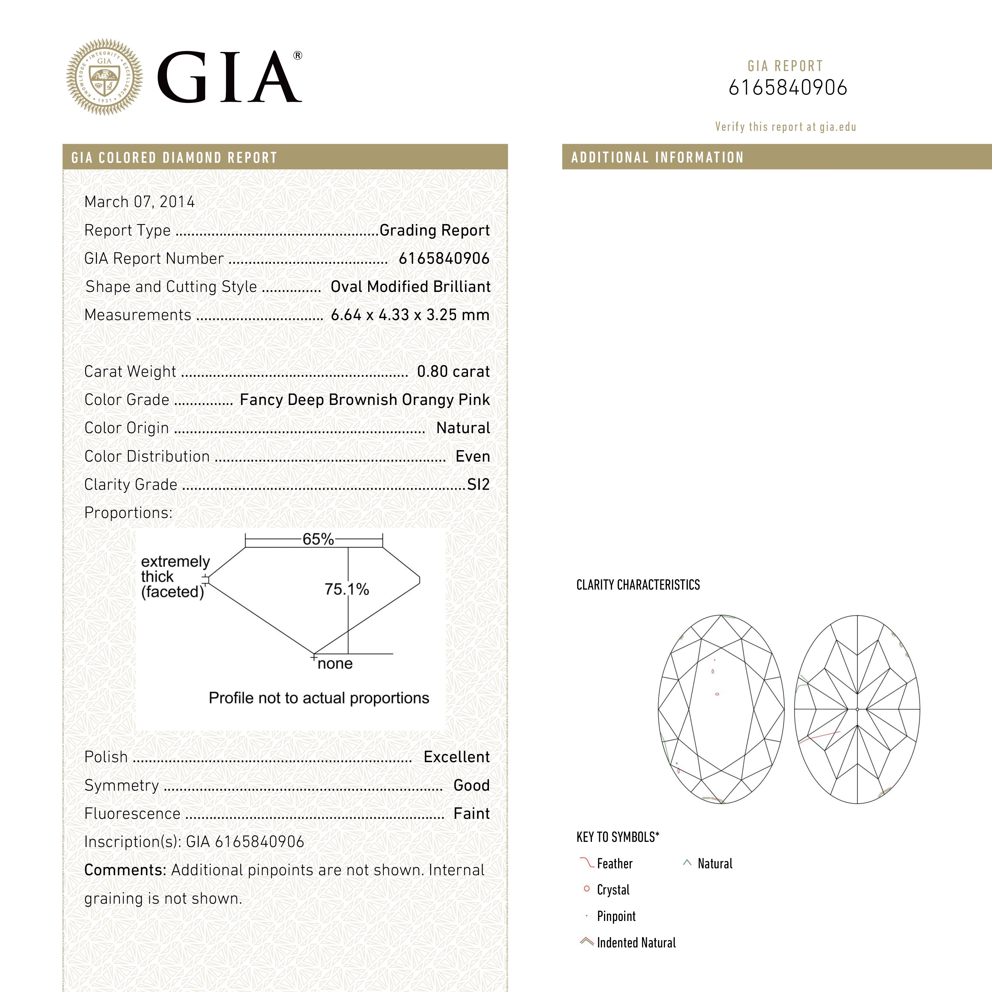 0.80ct GIA Certified Fancy Deep Brownish Orangy Pink Oval Diamond - 6.64x4.33x3.25mm SI2 Clarity | Engagement Ring Center Stone & Luxury Jewelry Gift