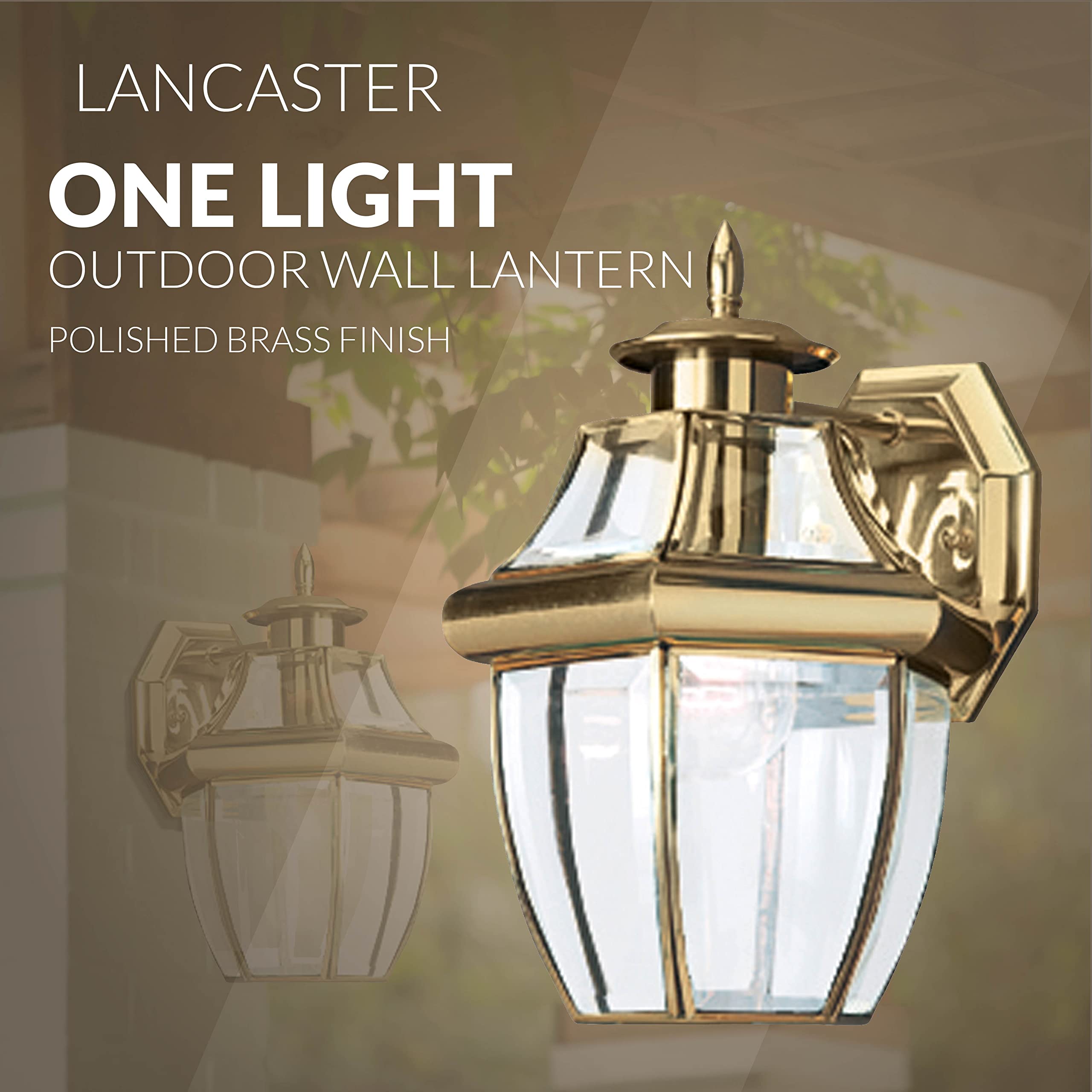 Sea Gull Lighting 8038-02 Lancaster Outdoor Wall Lantern - Polished Brass One-Light Exterior Fixture for Porch, Patio & Garden Lighting
