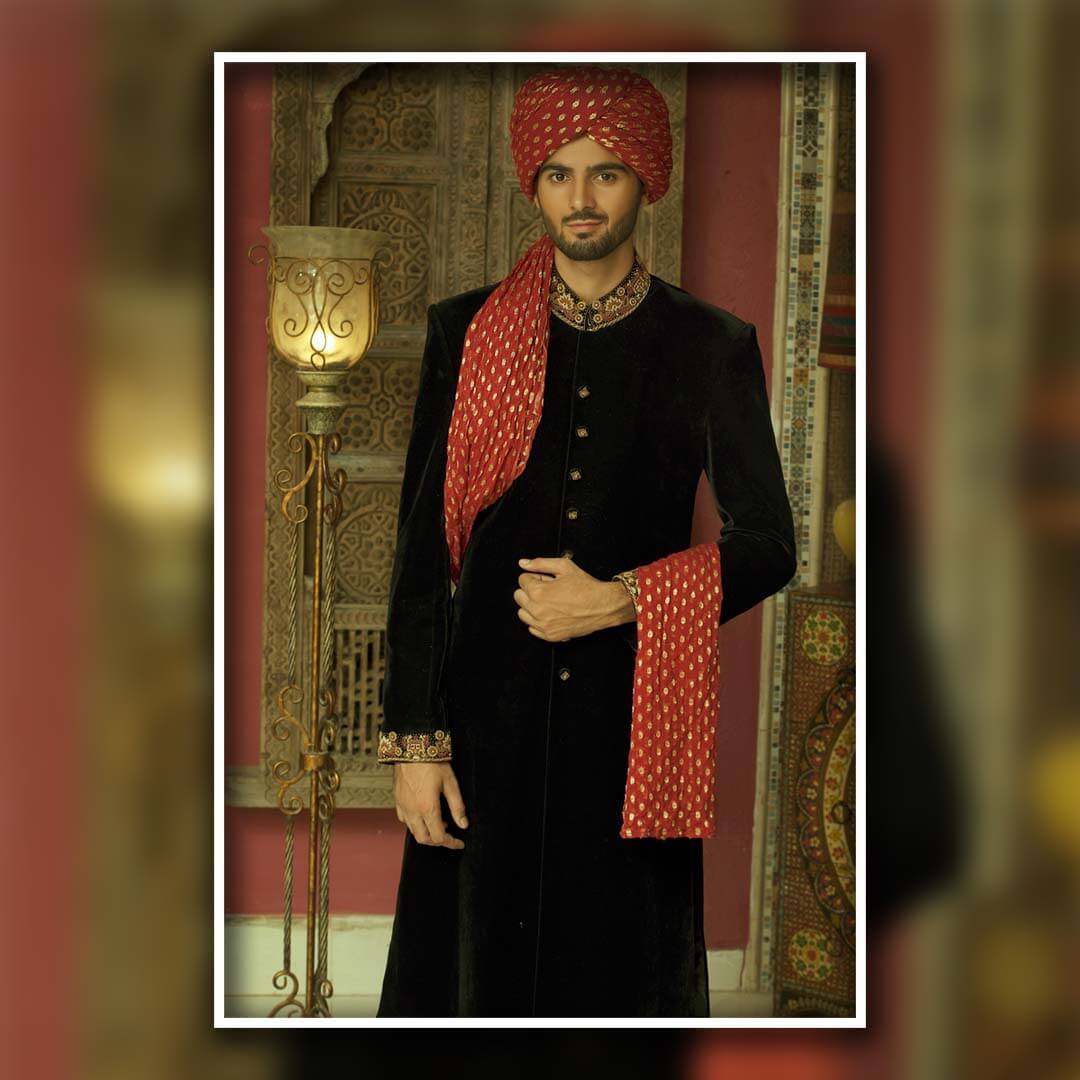 Black Velveteen Sherwani with Embroidered Detailing for Men | Elegant Indian Wedding Attire | Perfect for Grooms, Festivals & Special Occasions