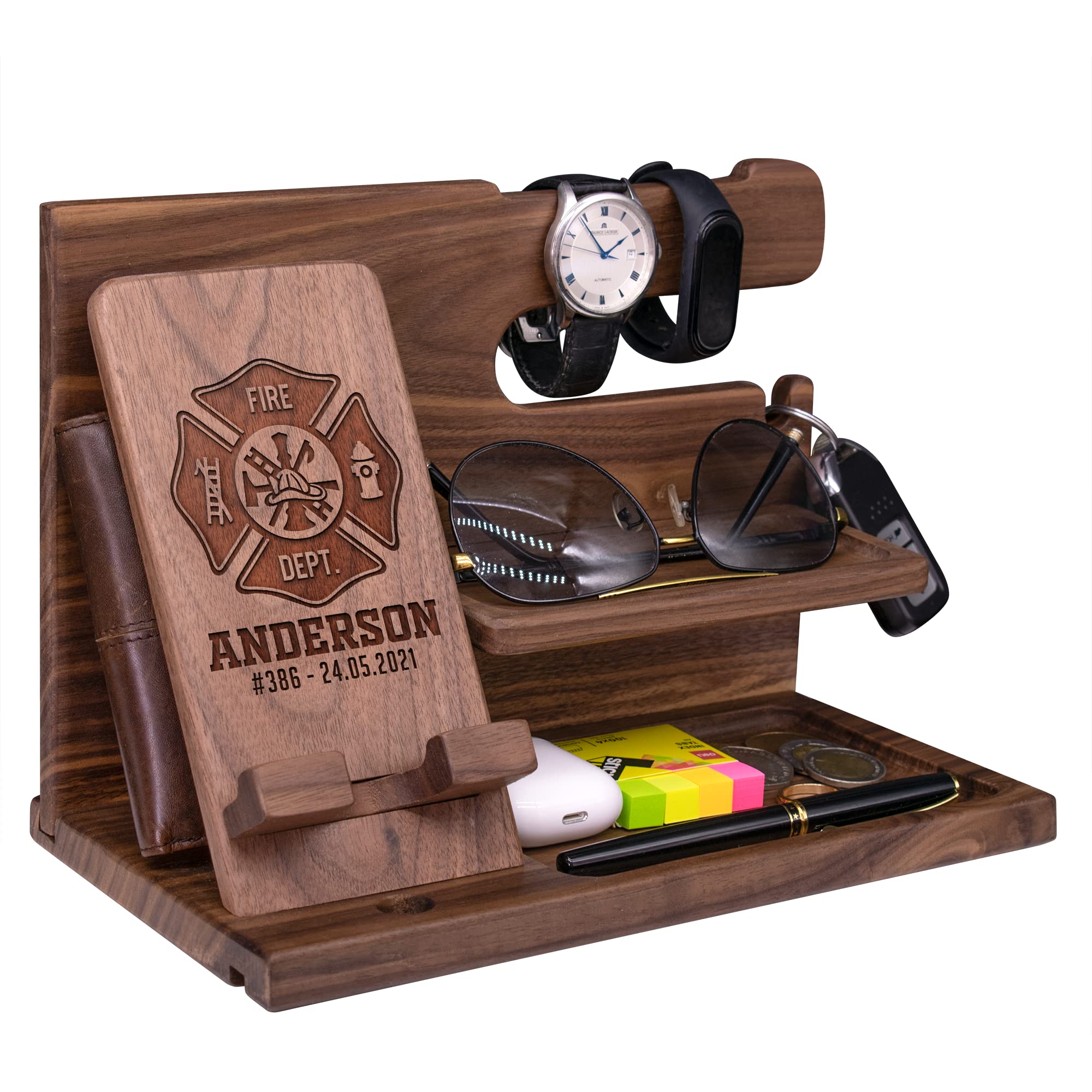 Personalized Firefighter Gifts for Men - Wooden Phone Dock & Nightstand Organizer with Key Holder, Wallet Stand, Watch Tray - Unique Birthday & Anniversary Gifts for Fireman, Dad, Husband - Perfect for Home, Office & Fire Station Organization