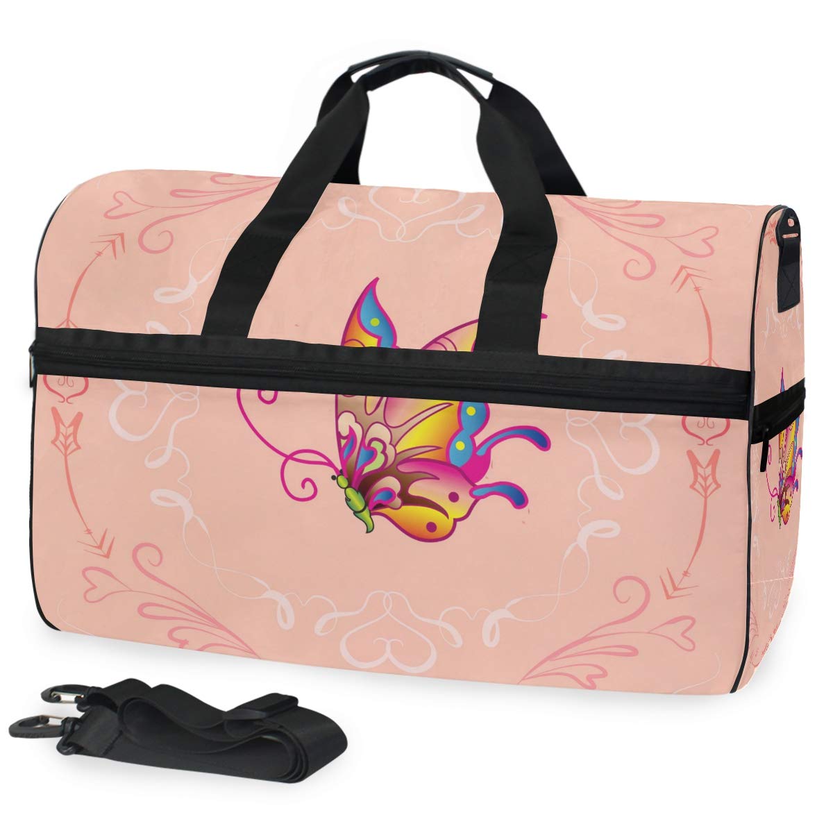 Waterproof Sports Swim Gym Bag with Shoe Compartment - Cartoon Butterfly Design Weekender Duffel Travel Bag for Women, Girls & Men - Perfect for Swimming, Gym, Travel & Sports Activities