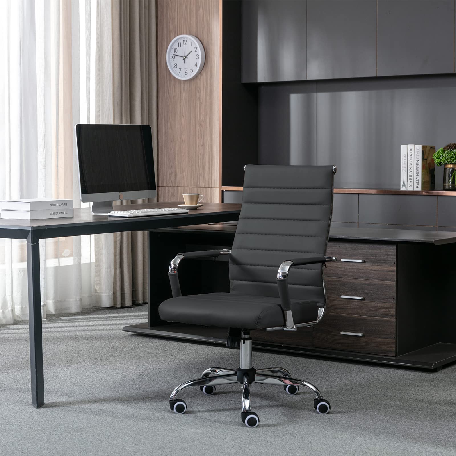 Ergonomic High Back Office Chair - Modern Leather Executive Desk Chair with Adjustable Height & Swivel, Ribbed Design for Comfort - Perfect for Home Office, Conference Rooms & Computer Workstations (Black)