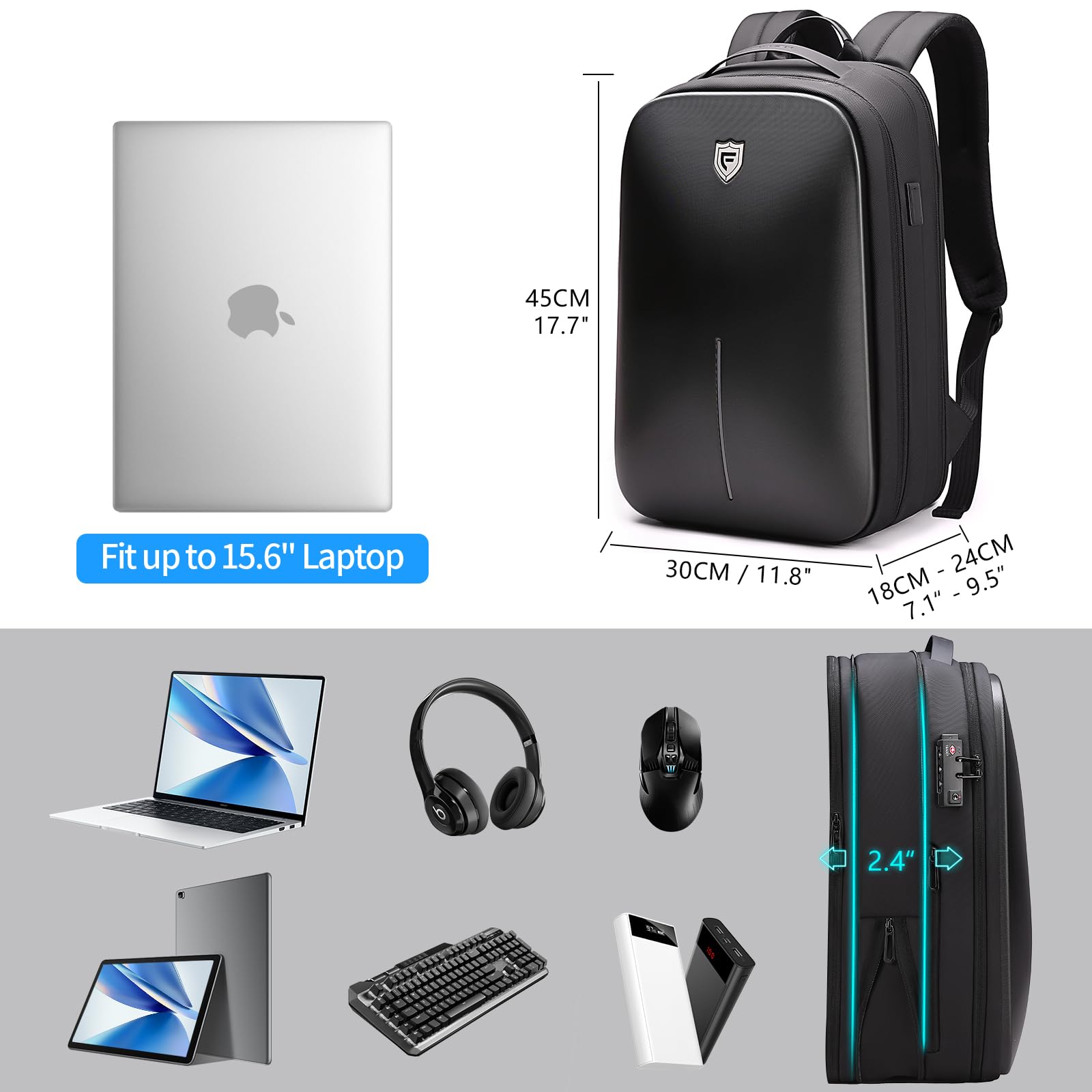 FENRUIEN 15.6 Inch Gaming Laptop Backpack - Expandable Hard Shell USB Charging Backpack, Water Resistant Computer Bag for Work & Travel (Black) | Perfect for Gamers, Students & Business Professionals