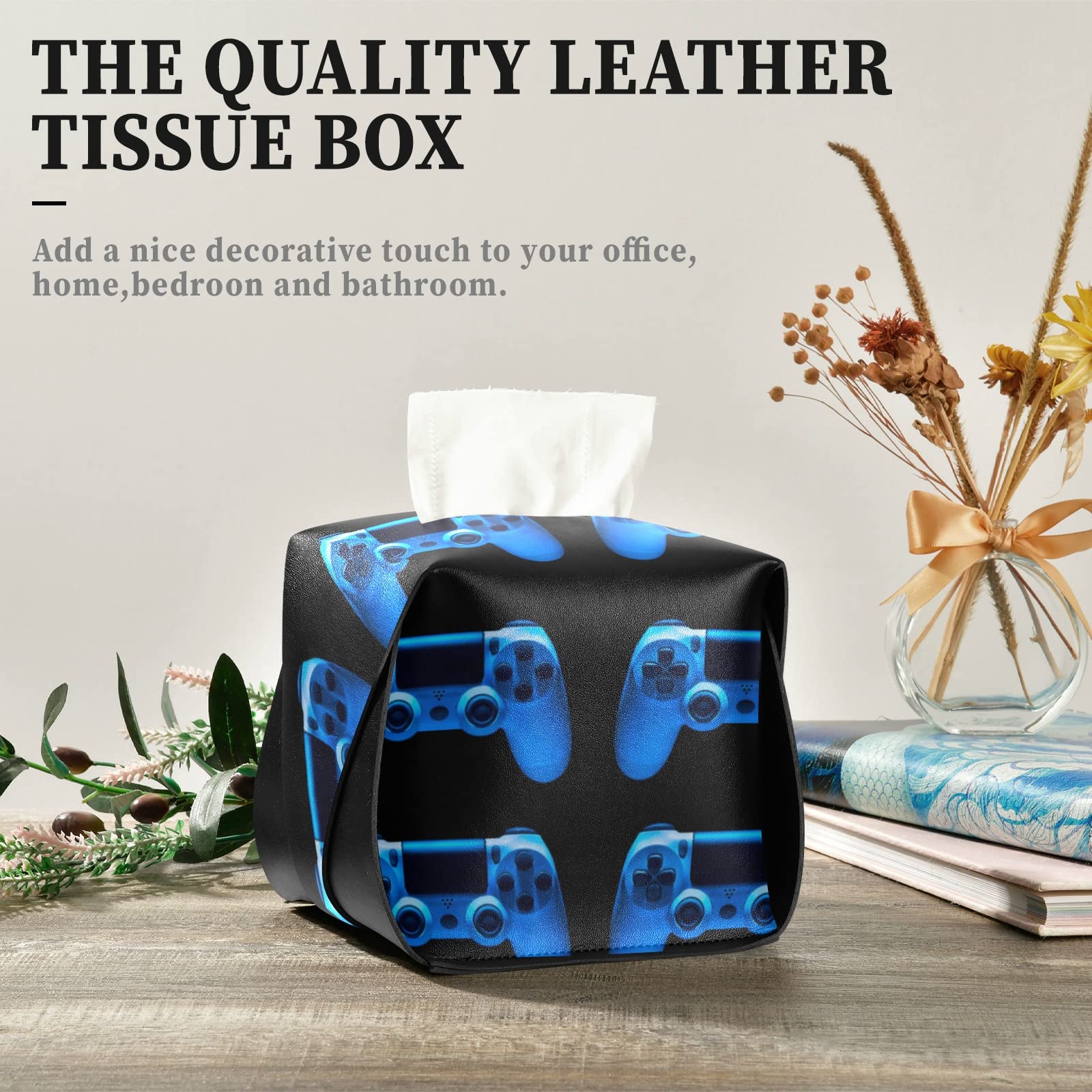 Blue Neon Light Video Game Joystick Shaped Leather Tissue Box Cover - 5.7x5.7x5.7 Inch with Handle for Bathroom, Home, Office & Car - Perfect for Gaming Rooms, Nightstands and Vanity Countertops
