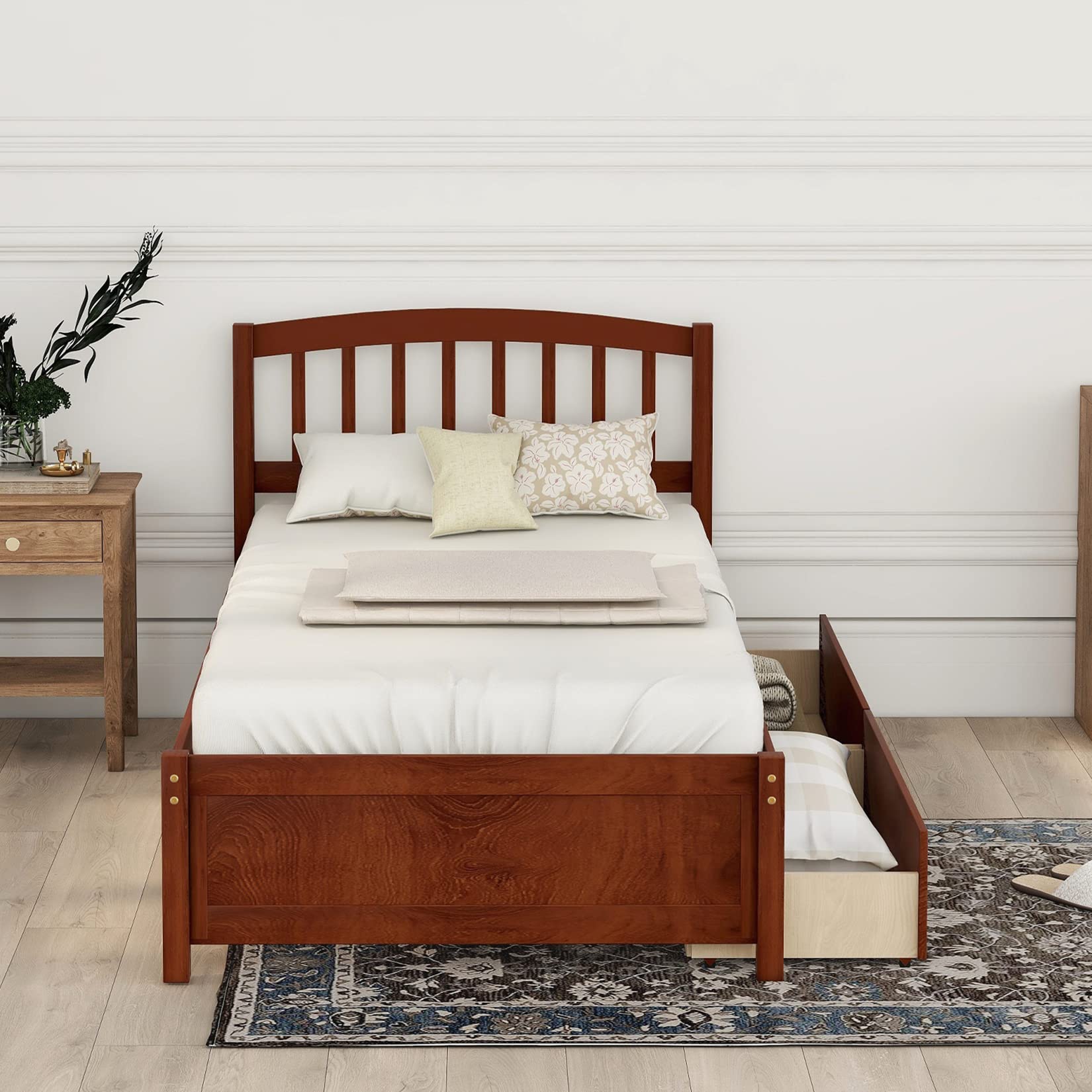 Solid Wood Twin Platform Storage Bed with Headboard & 2 Drawers - Walnut Finish | Space-Saving Bed Frame for Small Bedrooms, Guest Rooms & Dorm Rooms