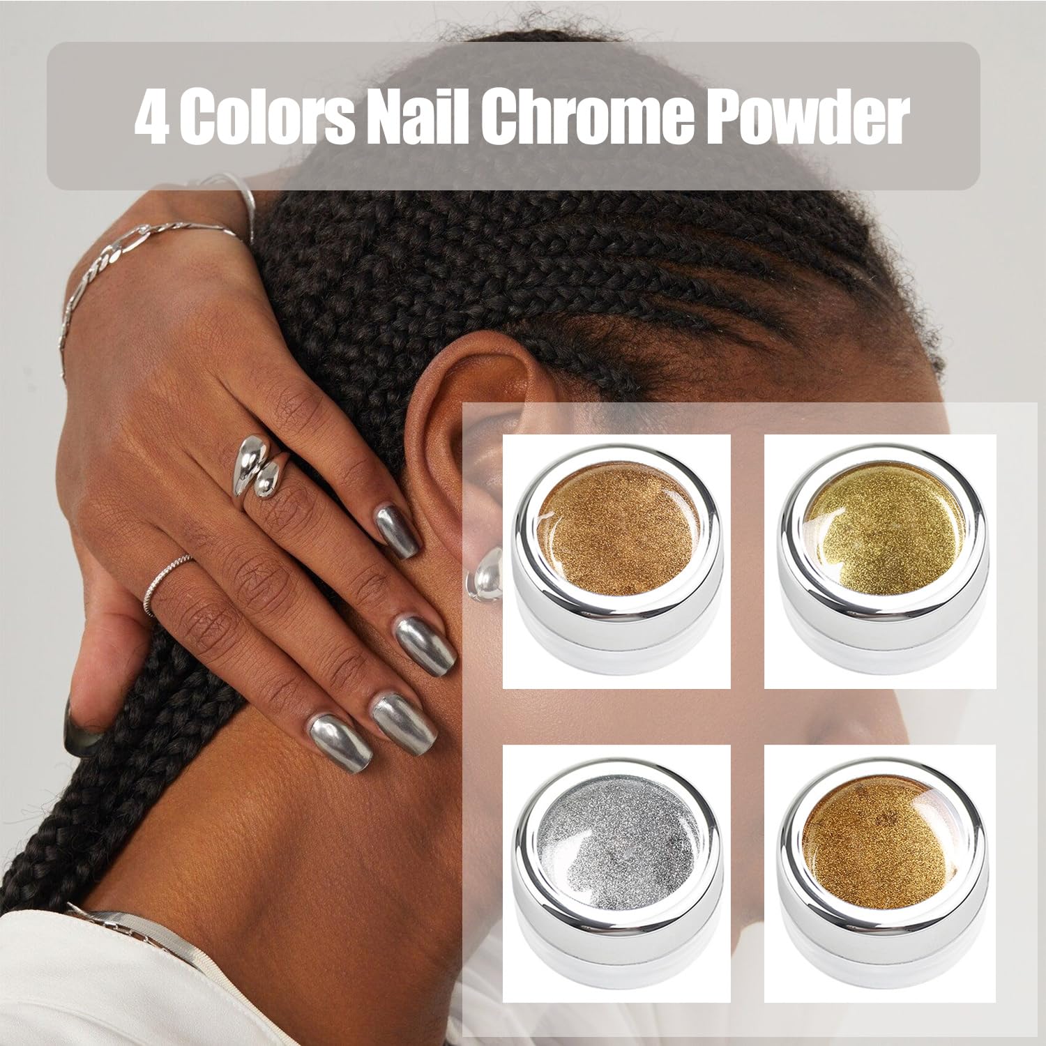GZMAYUEN Chrome Nail Powder Set - 4 Colors (Gold, Silver, Champagne, Copper) Mirror Effect Metallic Nail Powder for Women & Girls | Perfect for Nail Art, DIY Manicures, and Gift Giving