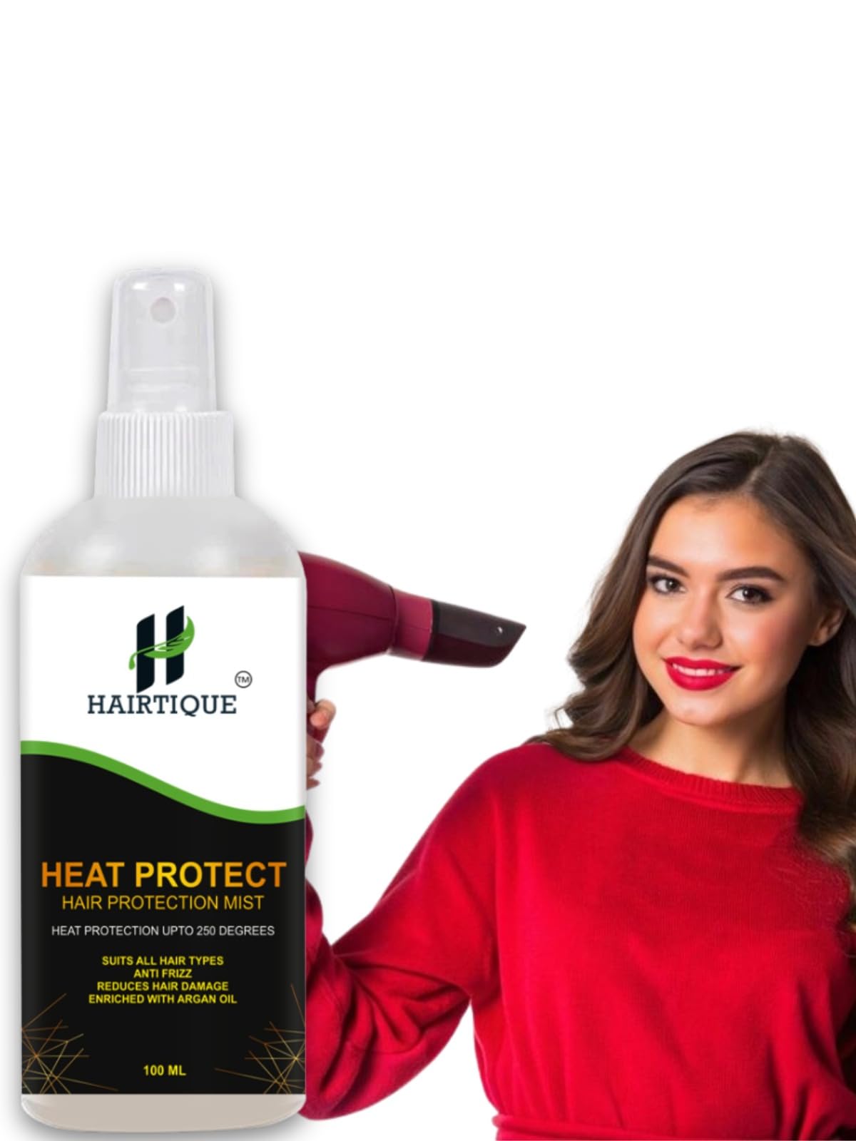 HAIRTIQUE Heat Protectant Spray for Hair - Up to 250°F Thermal Shield with Argan Oil, Anti-Frizz Formula for All Hair Types (100ml) - Perfect for Blow Drying, Straightening & Styling
