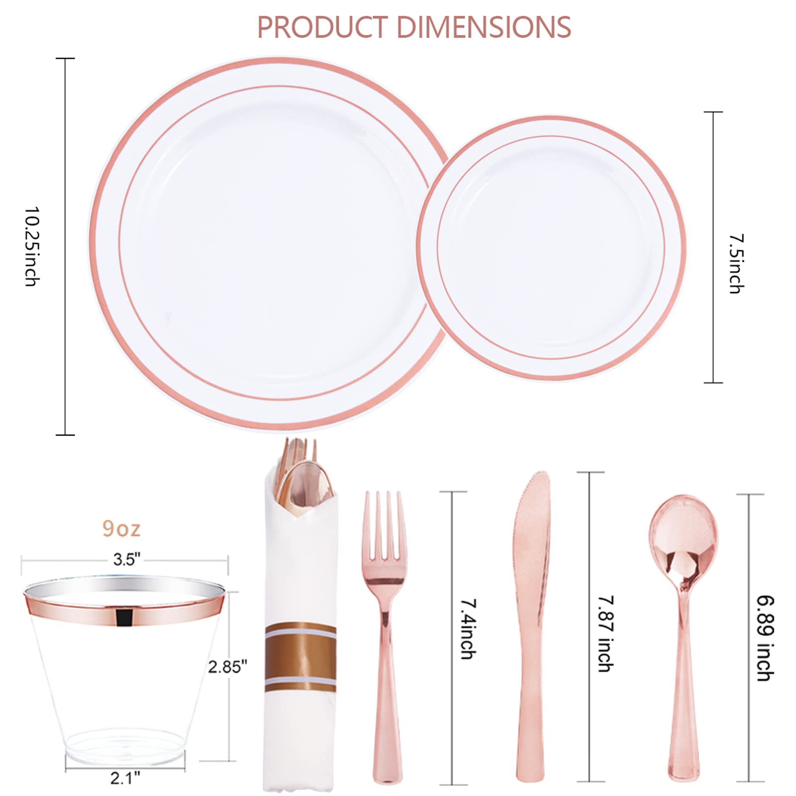 WELLIFE 350-Piece Rose Gold Plastic Dinnerware Set - 50 Disposable Plates, Forks, Knives, Spoons & Cups with 50 Pre-Rolled Napkins - Elegant Wedding, Bridal Shower, Birthday Party & Event Tableware for 50 Guests